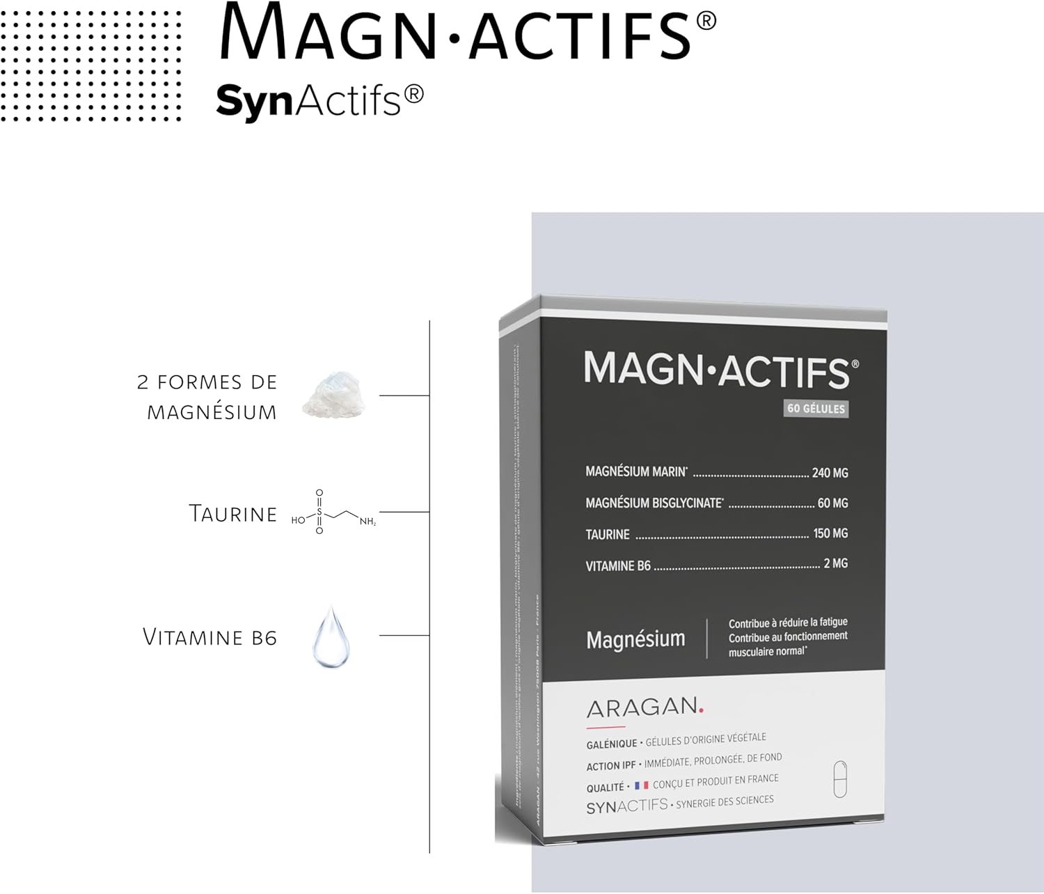 Magnactifs - Magnesium Bisglycinate & Marine - Anti-Fatigue, Anti-Stress Adult, Nervous Balance - Taurine, Vitamin B6 - Aragan - 60 Capsules - Image 3