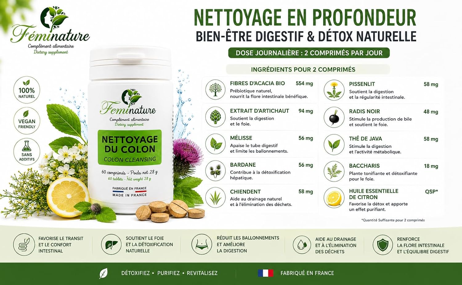 Detox Liver Colon & Intestines & Diuretic - Water Retention – Intestinal Flora & Flat Belly Men Women – Intestinal Gases - Bloating & 120 tablets & Made in France by Féminature (2) - Image 3