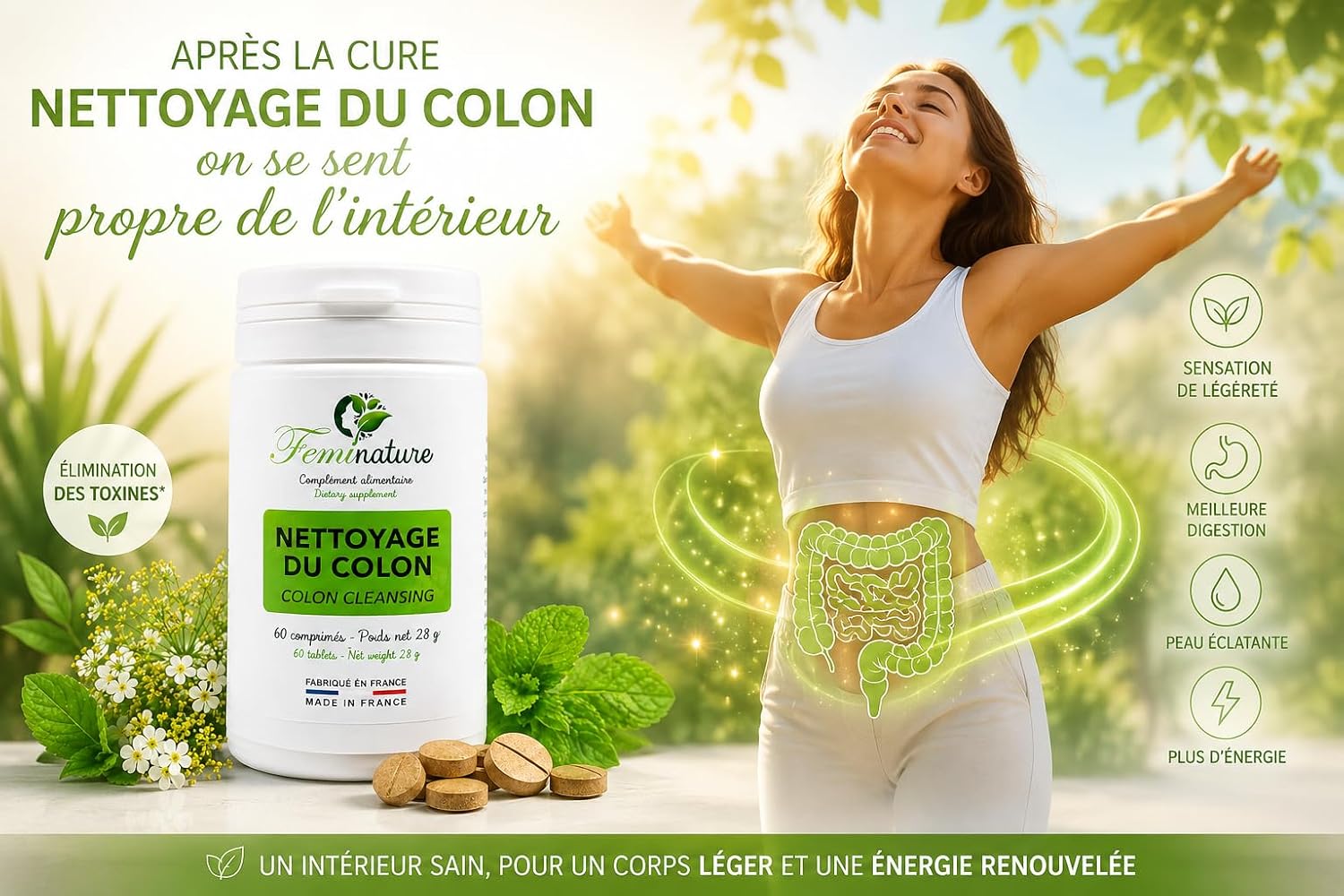 Detox Liver Colon & Intestines & Diuretic - Water Retention – Intestinal Flora & Flat Belly Men Women – Intestinal Gases - Bloating & 120 tablets & Made in France by Féminature (2) - Image 5
