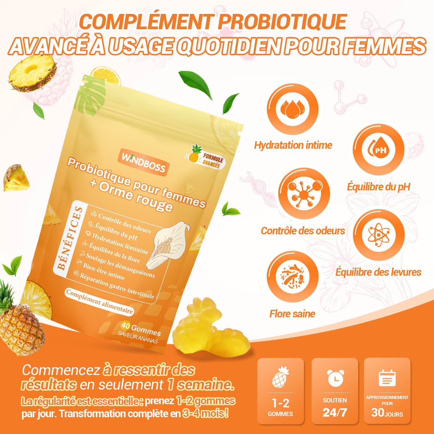 WindBoss Women's Probiotic Gummies – Daily Female Balance Support with Slippery Elm for pH Balance and Freshness, 40 Pineapple Gummies - Image 5