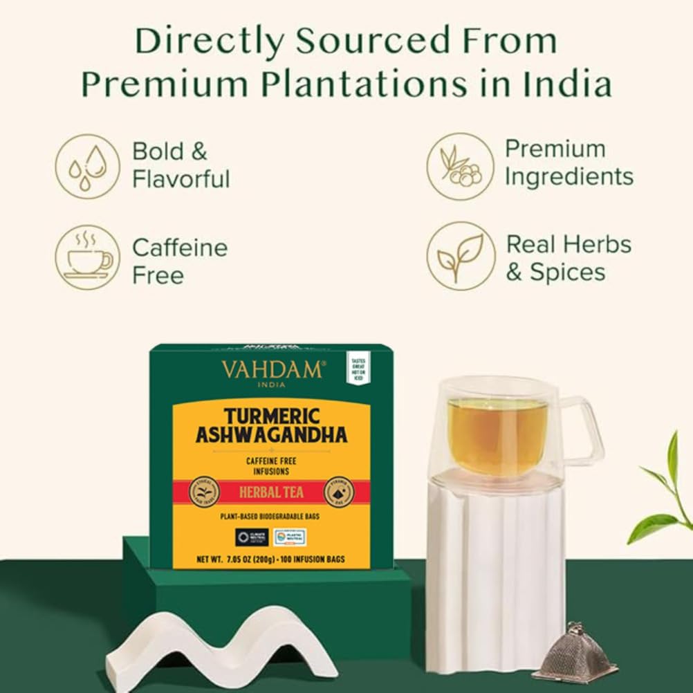VAHDAM, Turmeric Ashwagandha Herbal Tea (100 Pyramid Tea Bags) Caffeine Free | 100% Pure & Natural, Turmeric & Fresh Spices | Directly From Source In India | Hot/Ice Infusion - Image 4