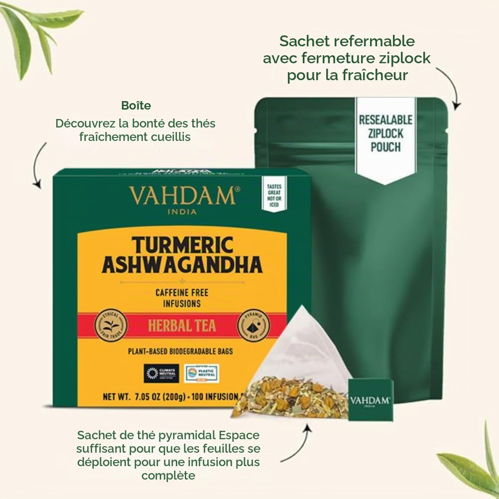 VAHDAM, Turmeric Ashwagandha Herbal Tea (100 Pyramid Tea Bags) Caffeine Free | 100% Pure & Natural, Turmeric & Fresh Spices | Directly From Source In India | Hot/Ice Infusion - Image 5