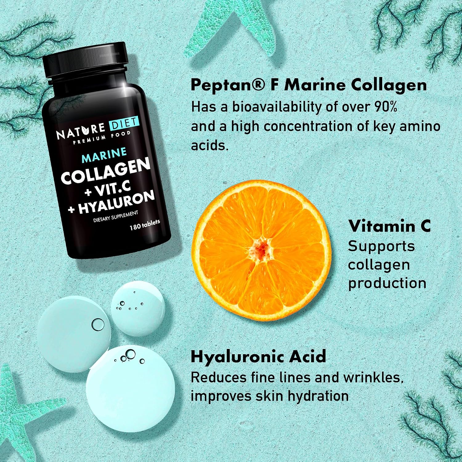 Nature Diet Marine Collagen with Hyaluronic Acid and Vitamin C | 180 tablets, 500 mg, Peptane F, Fish Collagen - Image 3