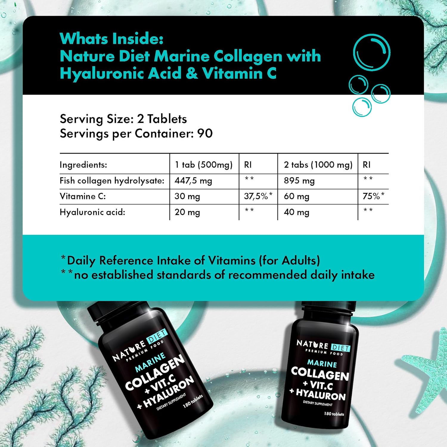 Nature Diet Marine Collagen with Hyaluronic Acid and Vitamin C | 180 tablets, 500 mg, Peptane F, Fish Collagen - Image 4