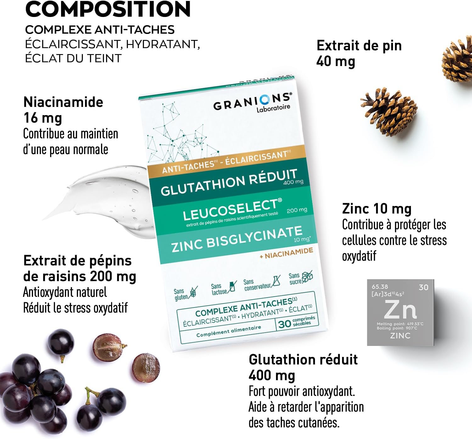 Glutathione Niacinamide Granions - Zinc Selenium Face Stain - 1 Month | Promotes an even and radiant, brightening and moisturizing complexion with vitamin C and zinc bisglycinate - 1 month cure - Image 5