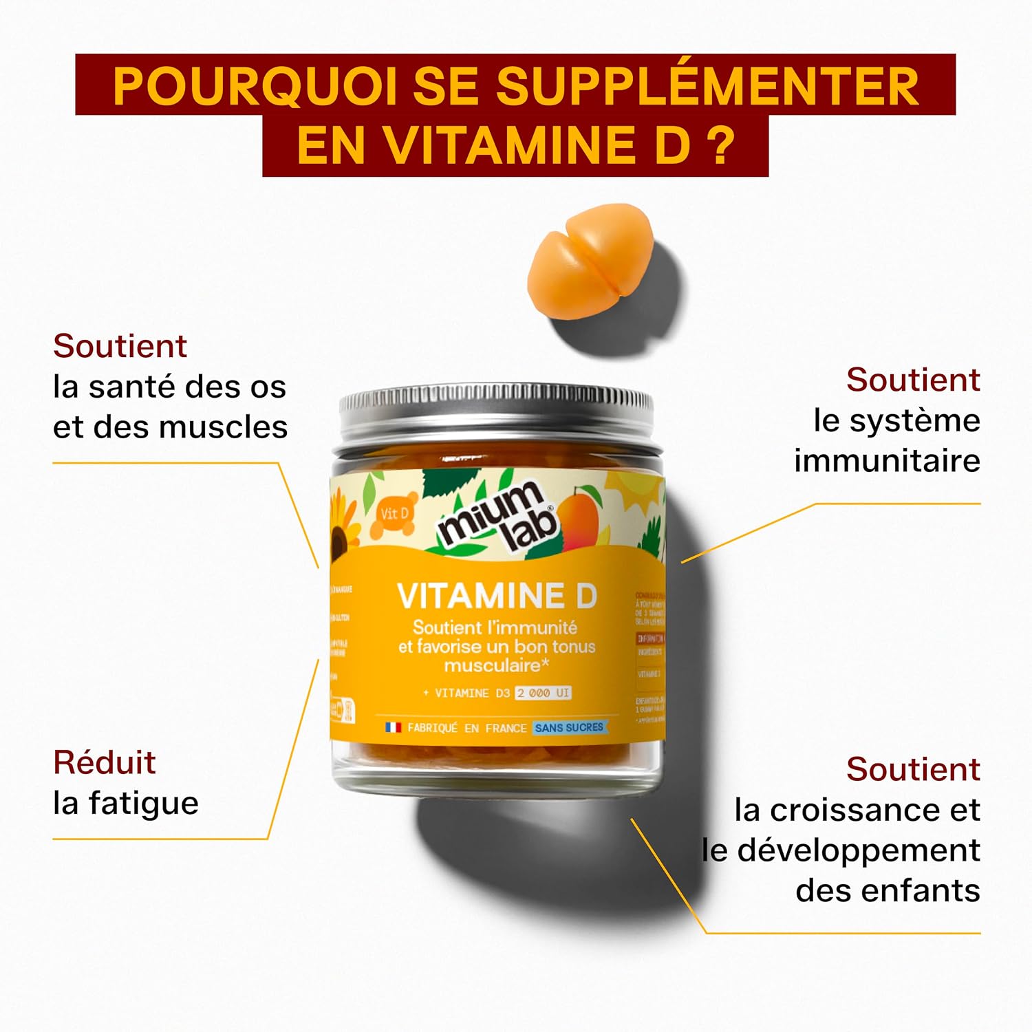 Mium Lab - Vitamin D3 (2000UI) - Highly dosed and absorbed - Immune System, Supports bones, muscles, Growth - Children & Adults - Cure 21 days - Sugar-free gummies Made in France - Image 3
