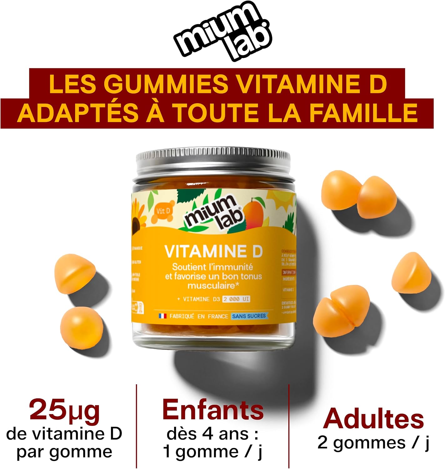 Mium Lab - Vitamin D3 (2000UI) - Highly dosed and absorbed - Immune System, Supports bones, muscles, Growth - Children & Adults - Cure 21 days - Sugar-free gummies Made in France - Image 4
