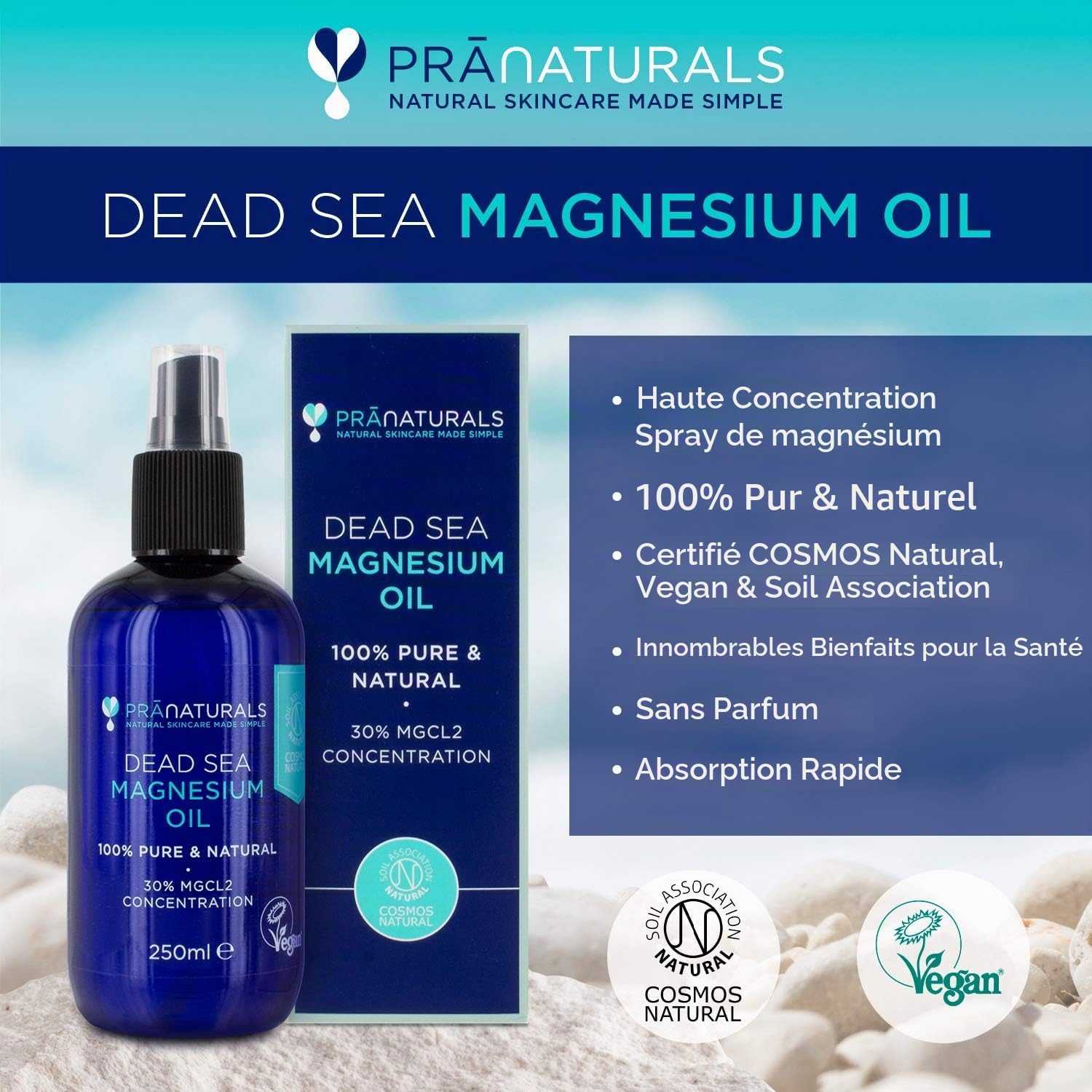 PraNaturals Pure Dead Sea Magnesium Oil Spray 250ml | Muscle Relaxation Oil, Natural Deodorant, Hair Care, Dental Descaling, Vegan & Cruelty Free - Image 3