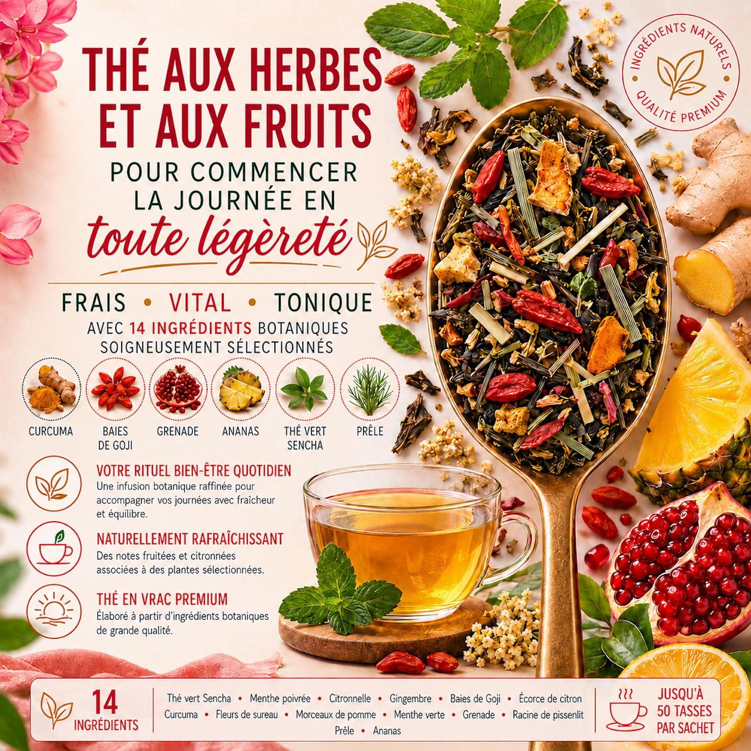 Detox Tea - Powerful Draining Water Retention - Anti Cellulite Infusion - Diuretic - Digestion - Green Tea, Turmeric, Ginger, Peppermint, Goji Berry, Dandelion, Pineapple - Herbal Tea 100g - Image 3
