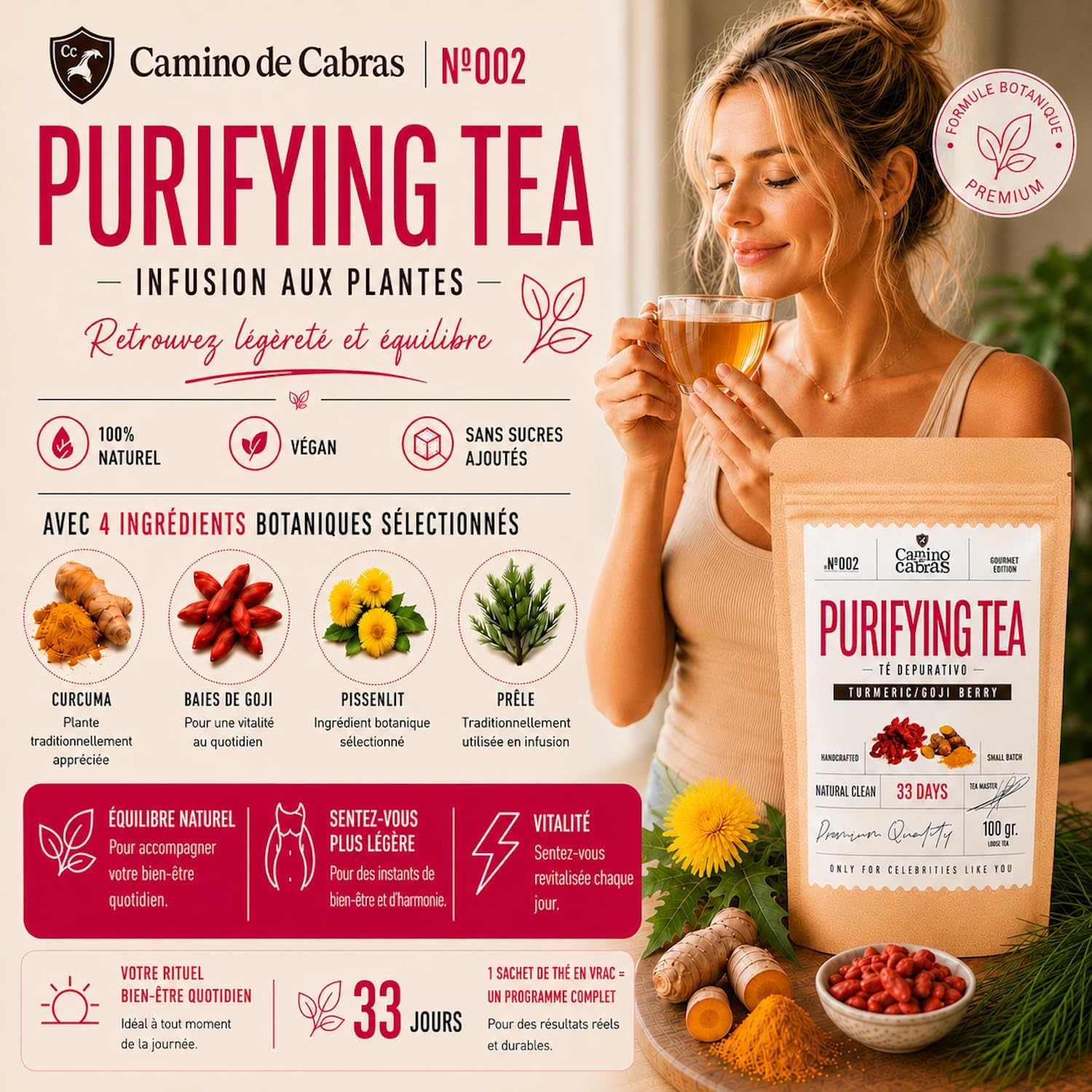 Detox Tea - Powerful Draining Water Retention - Anti Cellulite Infusion - Diuretic - Digestion - Green Tea, Turmeric, Ginger, Peppermint, Goji Berry, Dandelion, Pineapple - Herbal Tea 100g - Image 4
