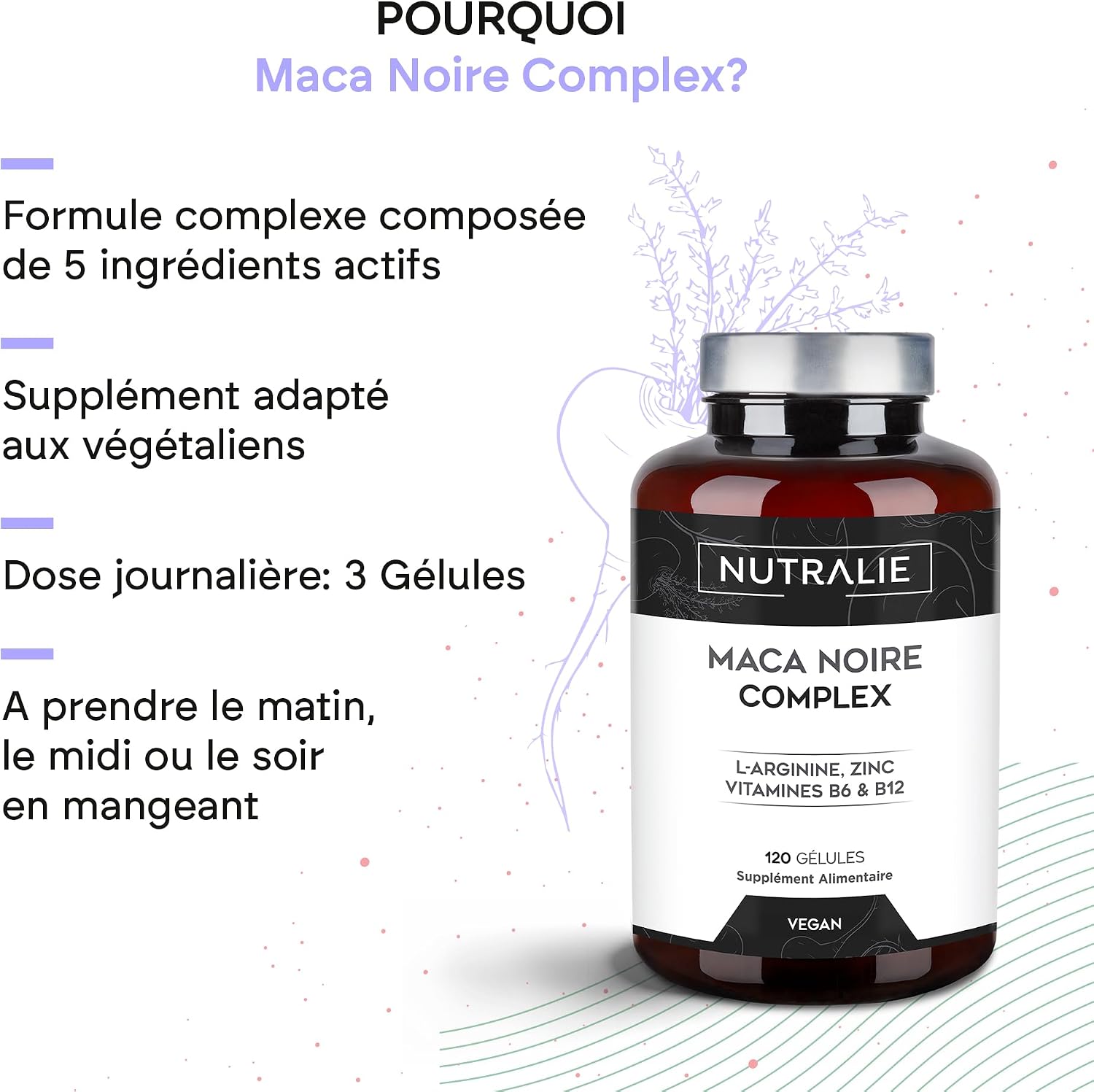 Black Maca from the Andes 32000mg, Power 20:1, L-Arginine Zinc | Vitamins B6 B12, Peruvian Maca Men and Women, 120 Capsules Black Maca Complex Nutralie - Image 4