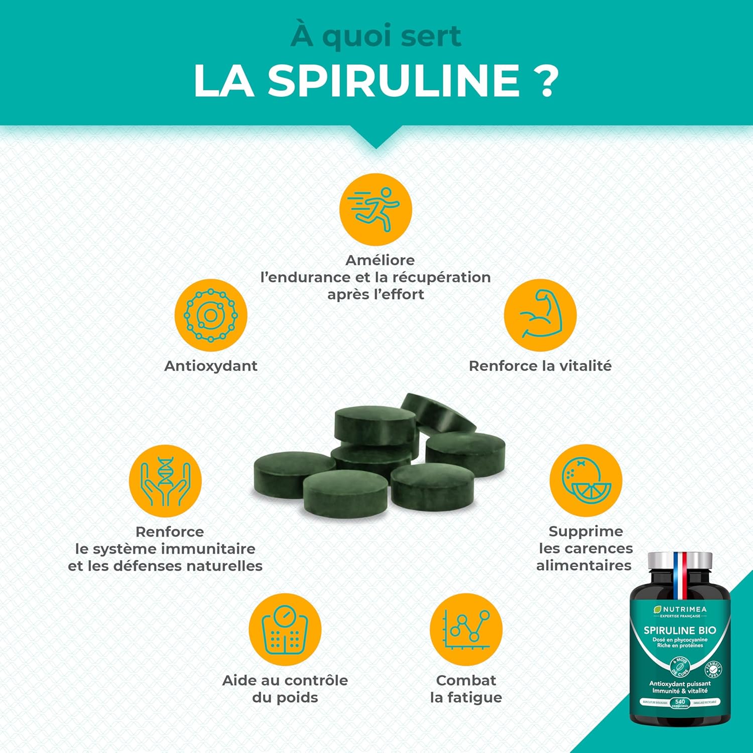 Spirulina BIO | 1500 mg | No Excipients & GMOs | 19% Phycocyanin | Rich in Protein, Iron & Antioxidants | Nutrimea | 540 Vegan Tablets | 6 Months | Made in France - Image 3