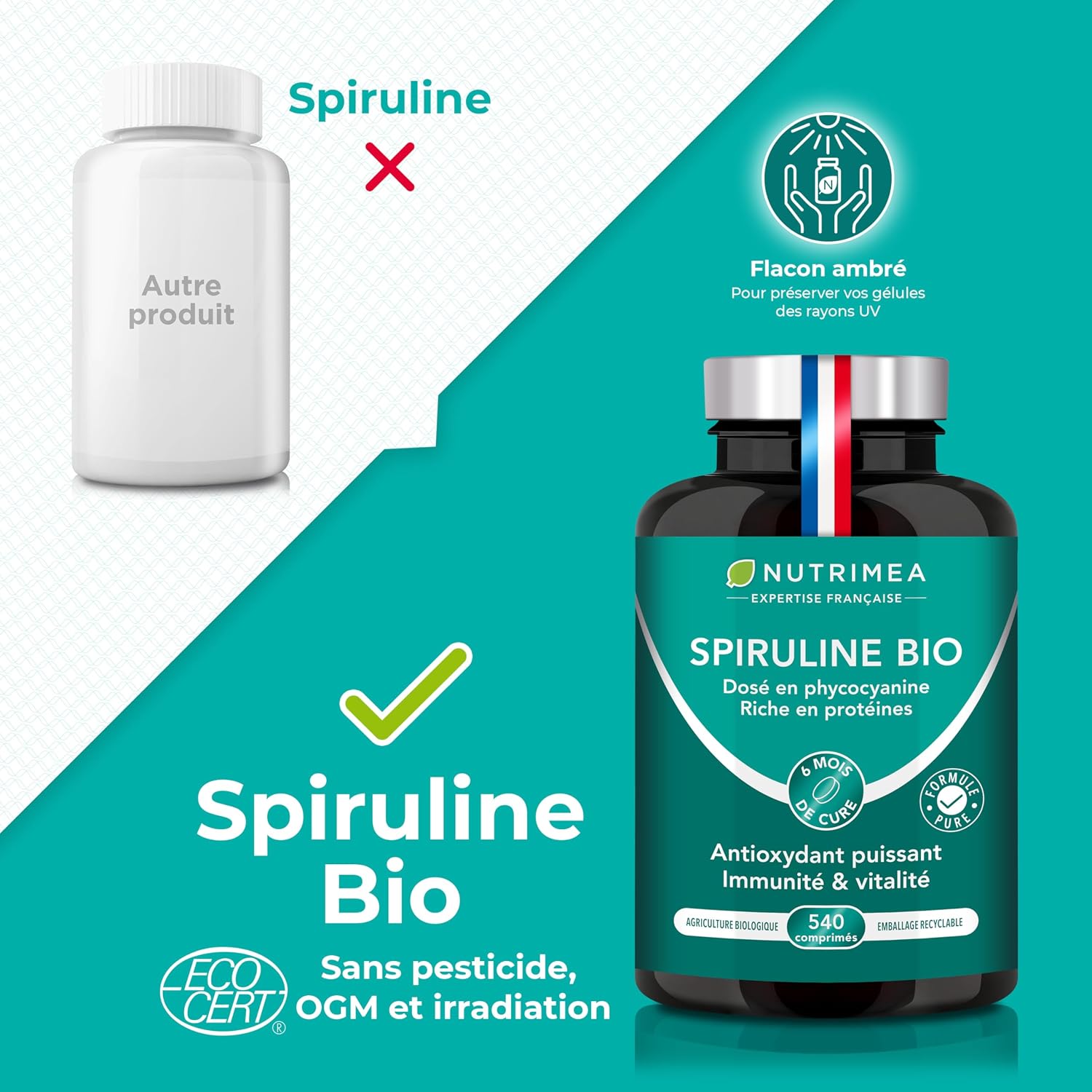 Spirulina BIO | 1500 mg | No Excipients & GMOs | 19% Phycocyanin | Rich in Protein, Iron & Antioxidants | Nutrimea | 540 Vegan Tablets | 6 Months | Made in France - Image 4