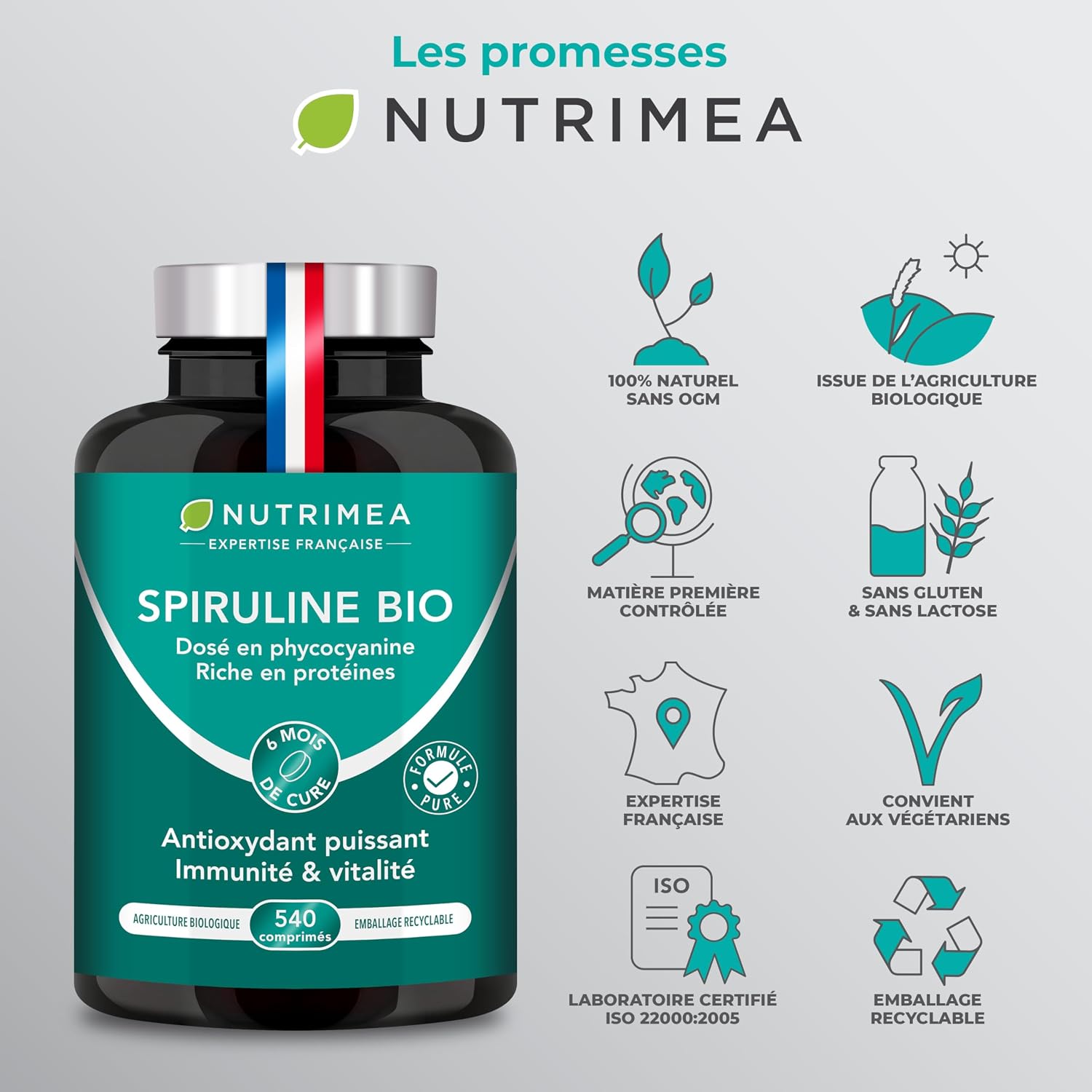 Spirulina BIO | 1500 mg | No Excipients & GMOs | 19% Phycocyanin | Rich in Protein, Iron & Antioxidants | Nutrimea | 540 Vegan Tablets | 6 Months | Made in France - Image 9