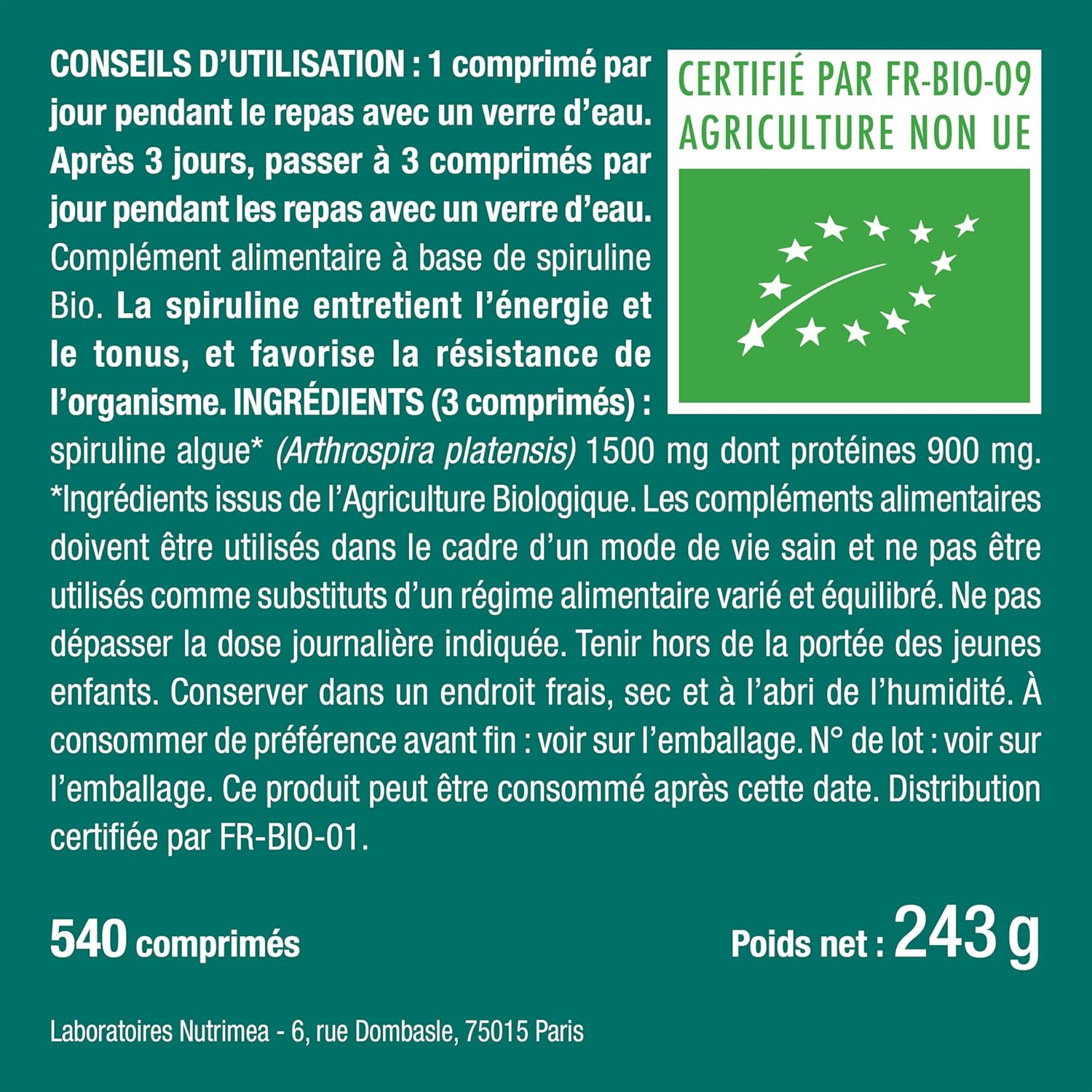 Spirulina BIO | 1500 mg | No Excipients & GMOs | 19% Phycocyanin | Rich in Protein, Iron & Antioxidants | Nutrimea | 540 Vegan Tablets | 6 Months | Made in France - Image 10