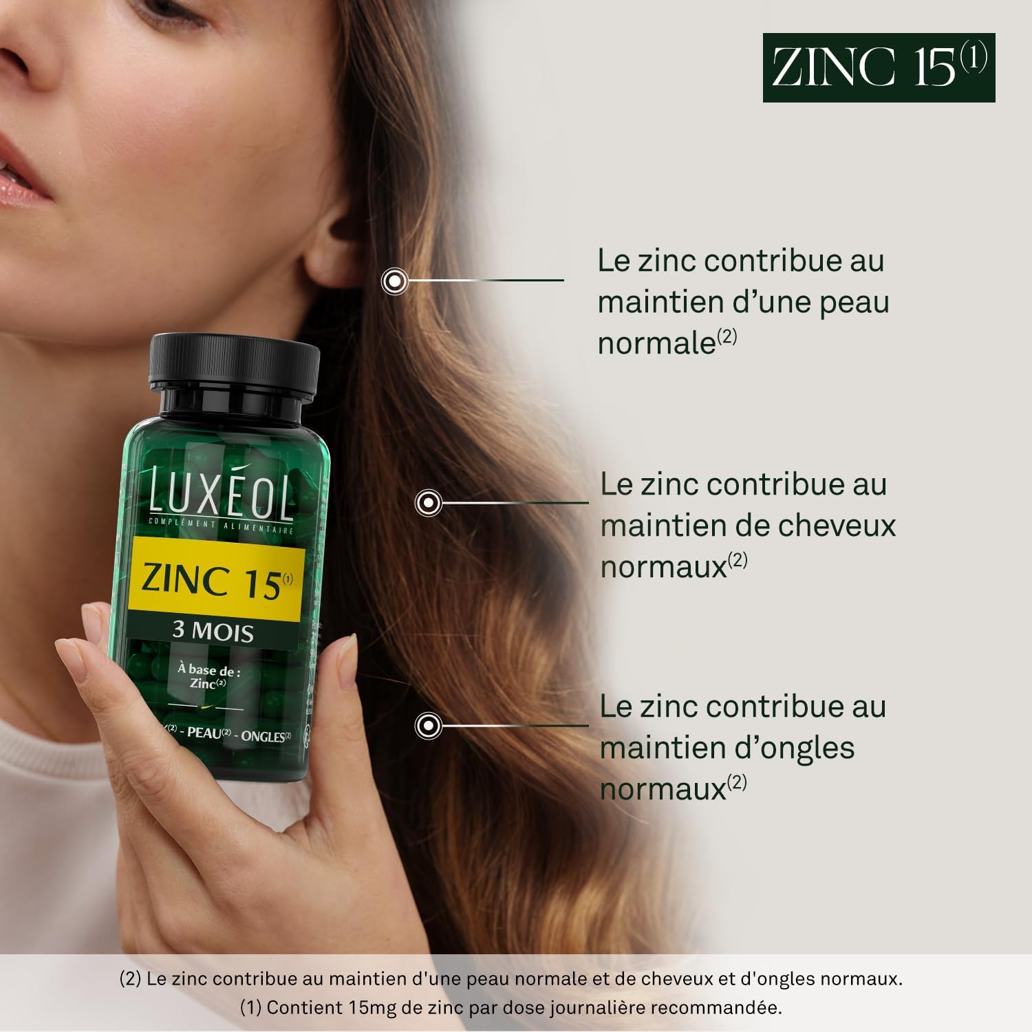 LUXÉOL Zinc 15(1) - Food Supplement for Hair Nails & Skin(2) | Provides 15 mg of Zinc per Daily Dose - Made in France - 3 Month Program - 90 Capsules - Image 3