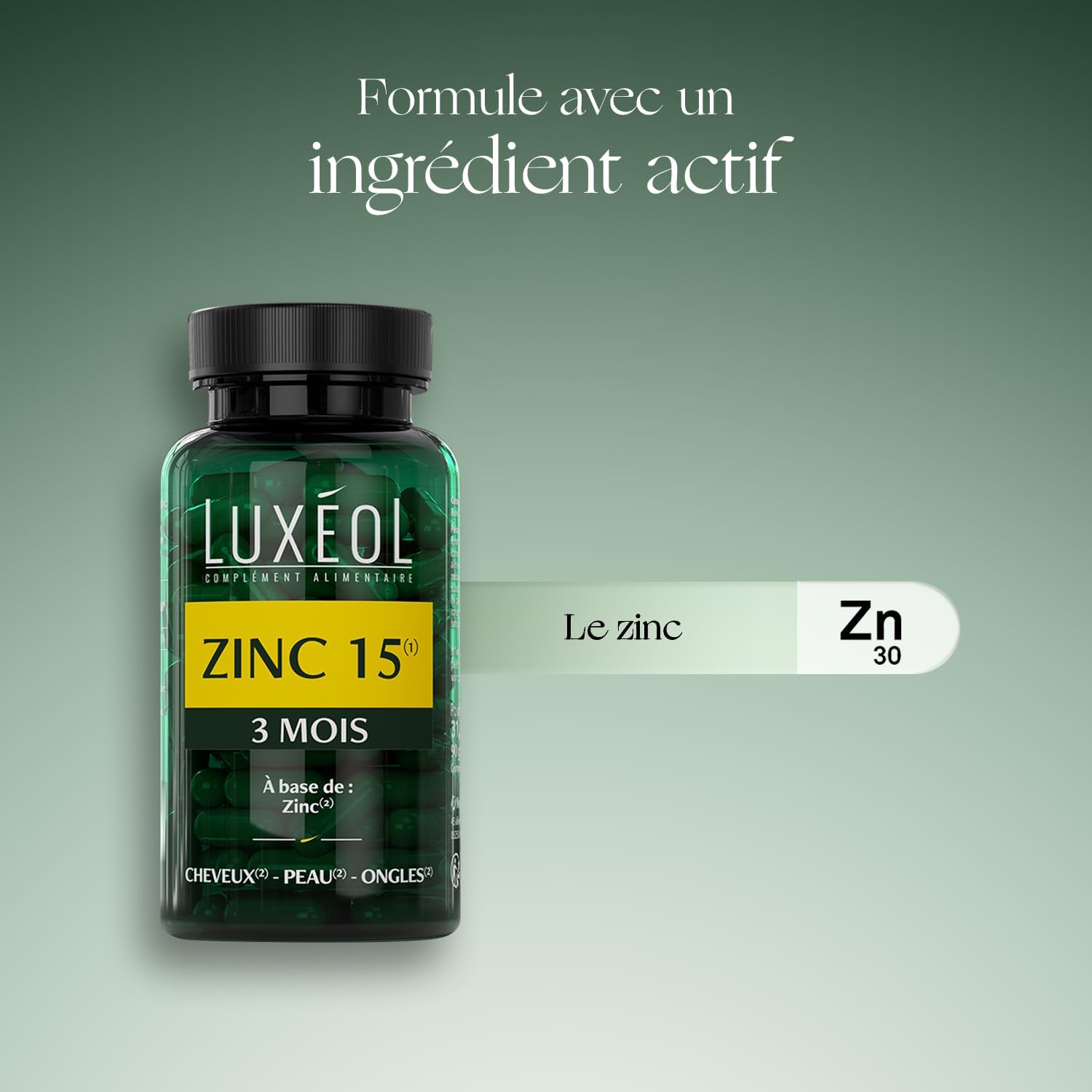 LUXÉOL Zinc 15(1) - Food Supplement for Hair Nails & Skin(2) | Provides 15 mg of Zinc per Daily Dose - Made in France - 3 Month Program - 90 Capsules - Image 6