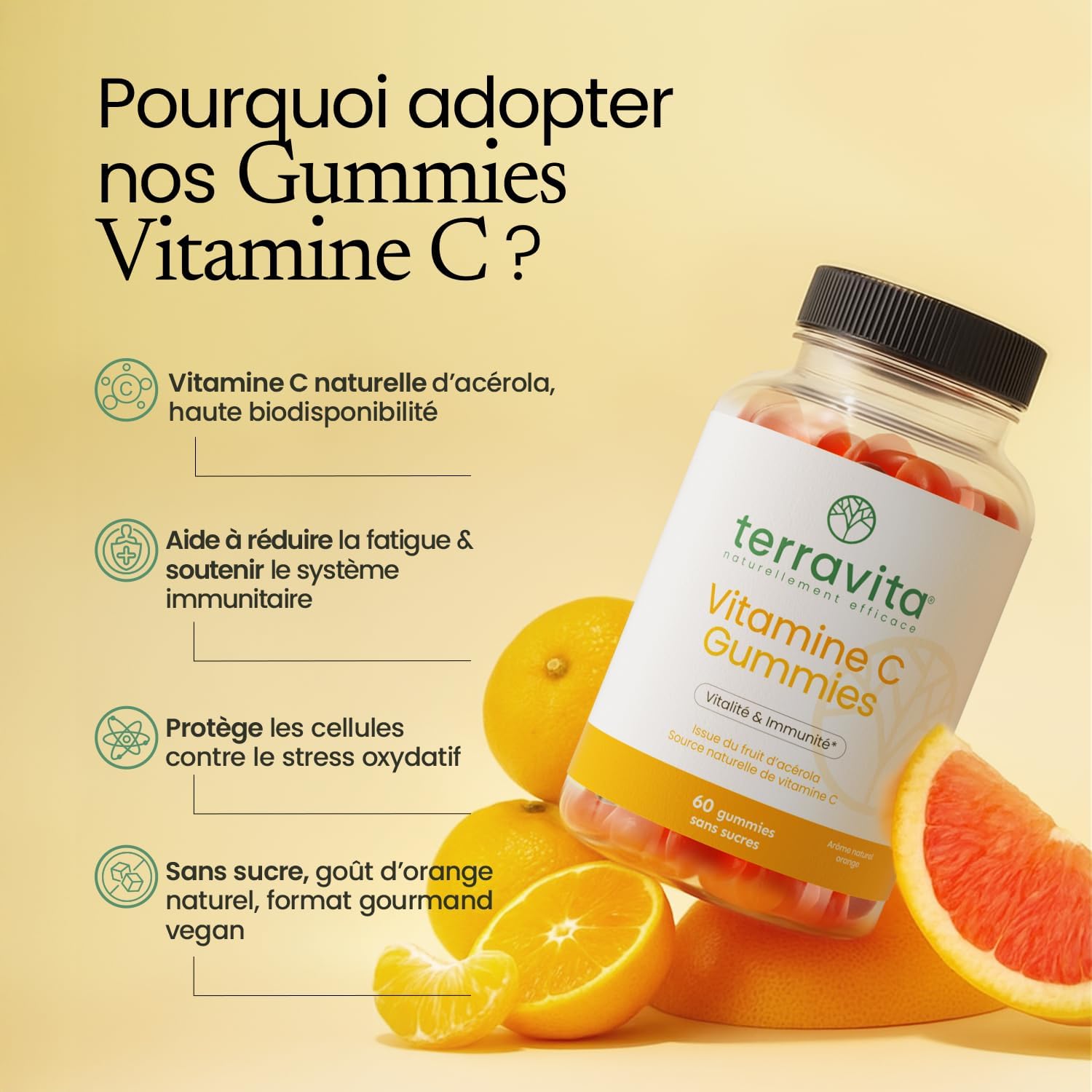 Acerola Vitamin C Gummies | Children & Adults | 1 Gummy = 100% AR | Energy - Tonus - Immunity | 60 Sugar-Free Gummies | Natural Orange Flavour | Vegan and Gelatin Free | Made in France | Terravita - Image 3