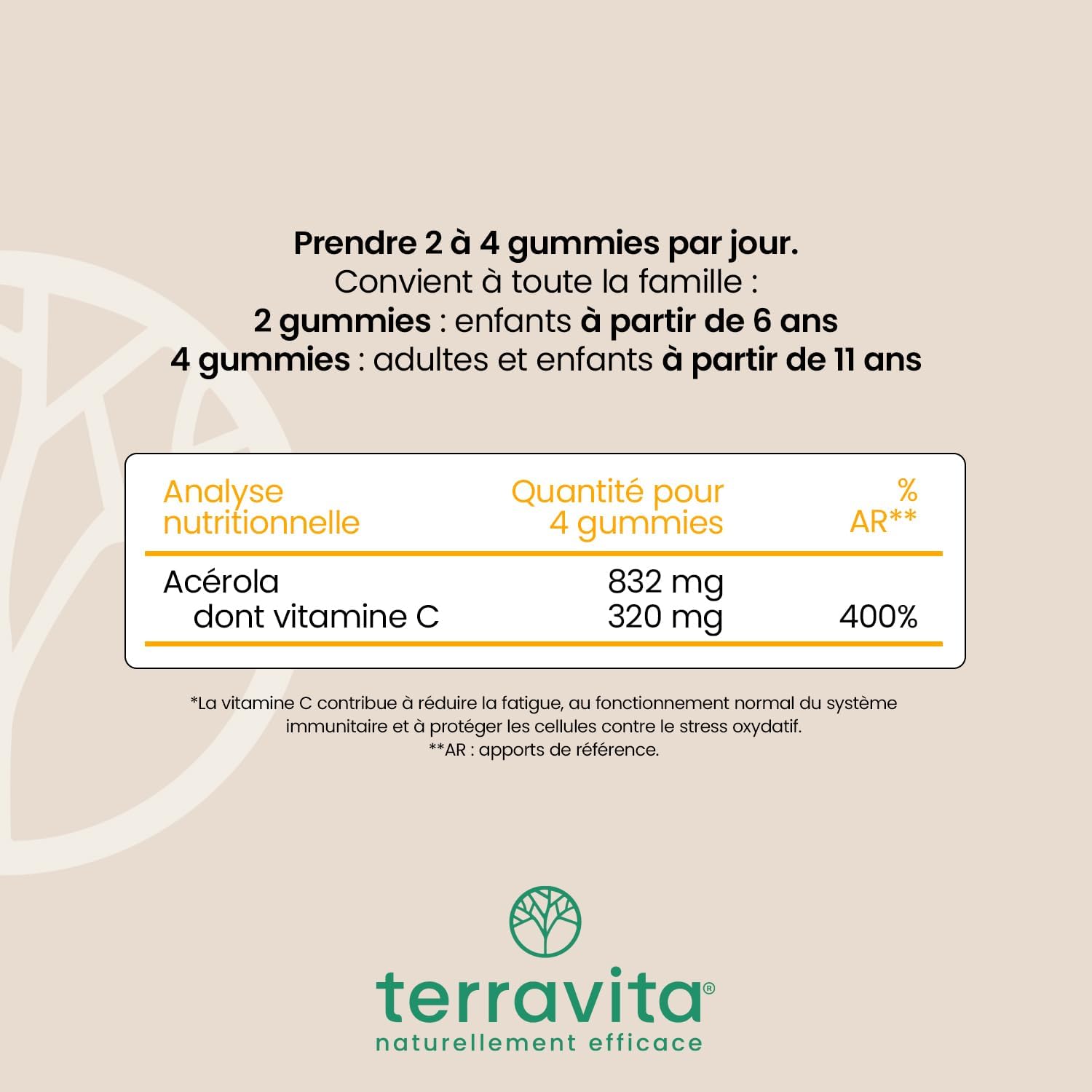 Acerola Vitamin C Gummies | Children & Adults | 1 Gummy = 100% AR | Energy - Tonus - Immunity | 60 Sugar-Free Gummies | Natural Orange Flavour | Vegan and Gelatin Free | Made in France | Terravita - Image 6