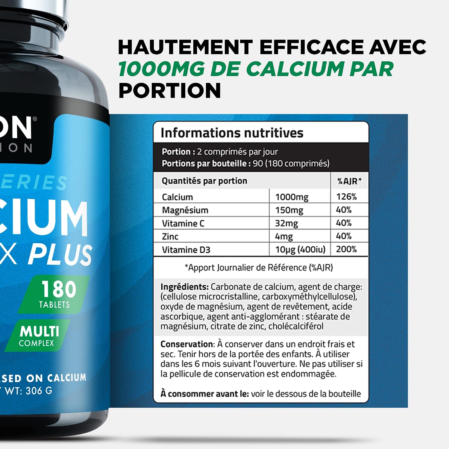 Calcium Vitamin D Supplement - 180 Tablets - Calcium Complex with Vitamin D3, Magnesium, Zinc and Vitamin C - Bone, Joint & Muscle Health - Made in the UK - Image 3