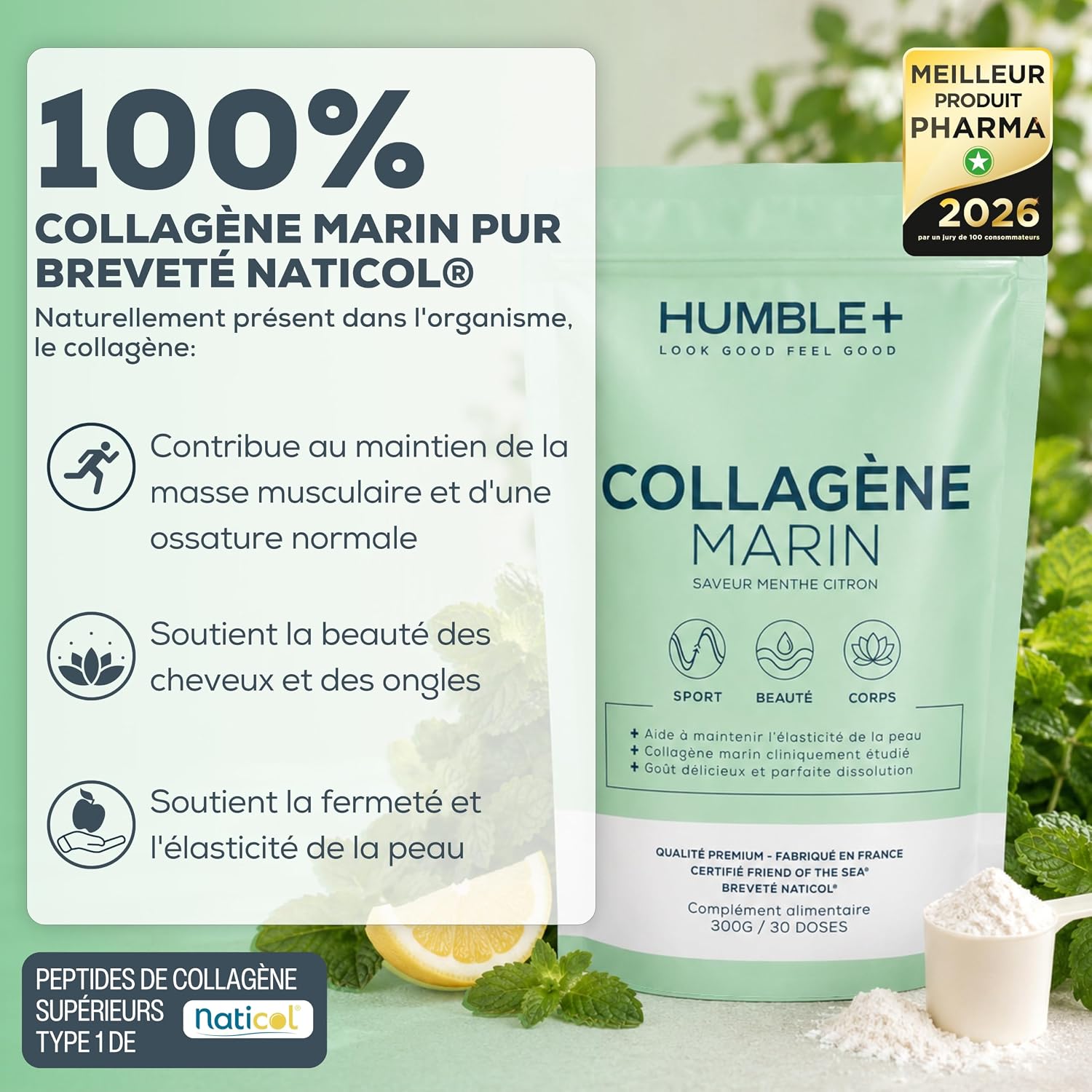 Humble+ Marine Collagen Naticol® Powder - Lemon Mint - 300 g - 60 Port. | Type 1 Marine Collagen Peptides, French Marine Collagen - Lemon Mint Flavor, 300 g, 60 Servings - French Brand - Image 3