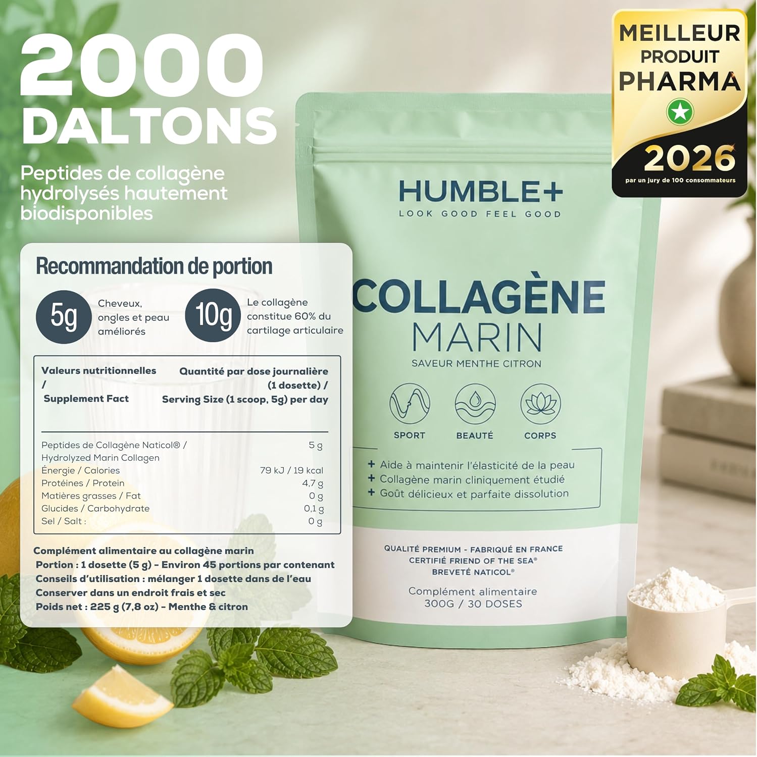 Humble+ Marine Collagen Naticol® Powder - Lemon Mint - 300 g - 60 Port. | Type 1 Marine Collagen Peptides, French Marine Collagen - Lemon Mint Flavor, 300 g, 60 Servings - French Brand - Image 4