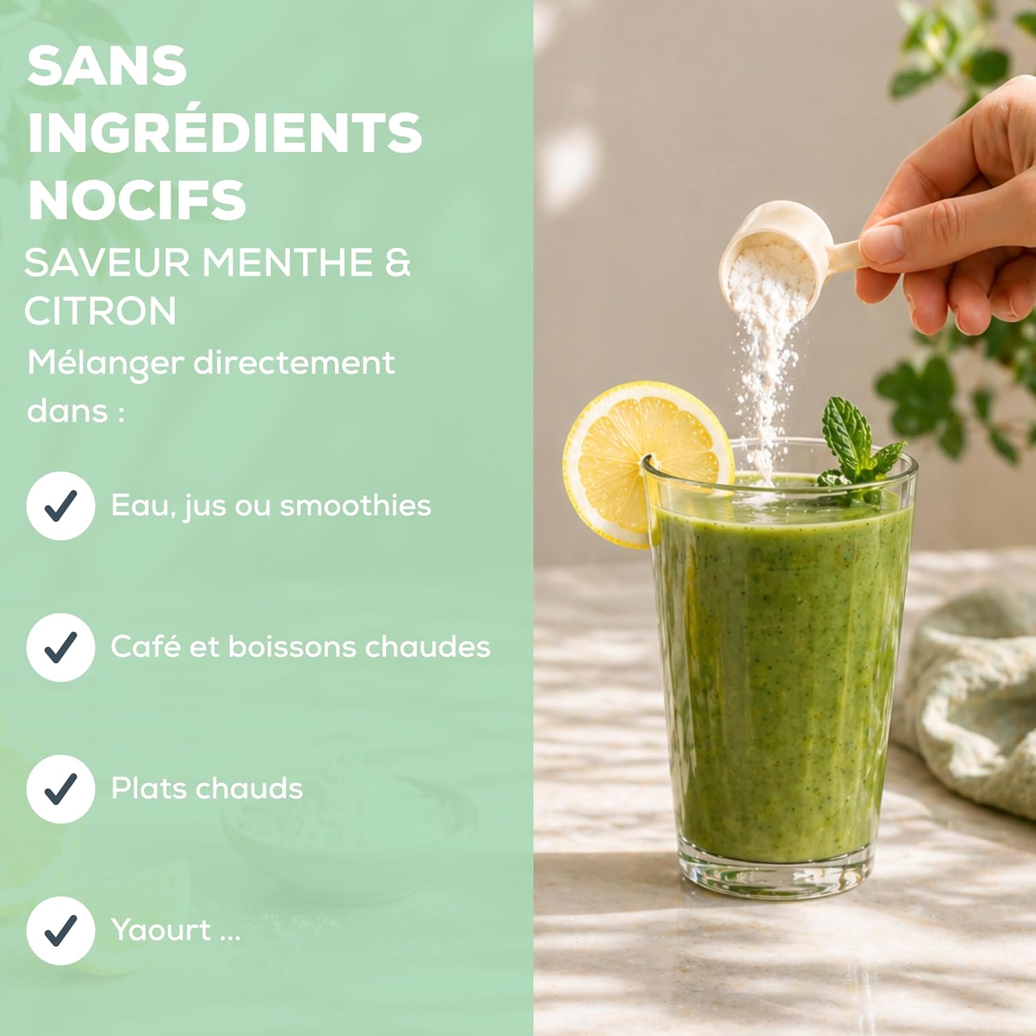 Humble+ Marine Collagen Naticol® Powder - Lemon Mint - 300 g - 60 Port. | Type 1 Marine Collagen Peptides, French Marine Collagen - Lemon Mint Flavor, 300 g, 60 Servings - French Brand - Image 6