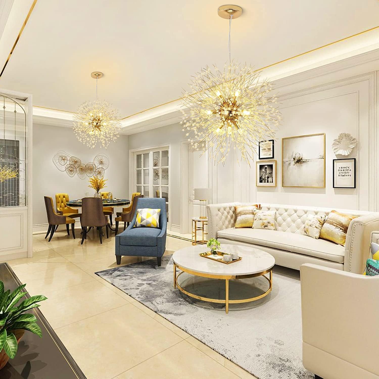 Modern Gold Crystal Dandelion Chandeliers with 8 Bulbs and 32 Crystal Ropes Chandeliers for Living Room Bedroom Dining Room Foyer Bar (Warm Light,Gold) - Image 3