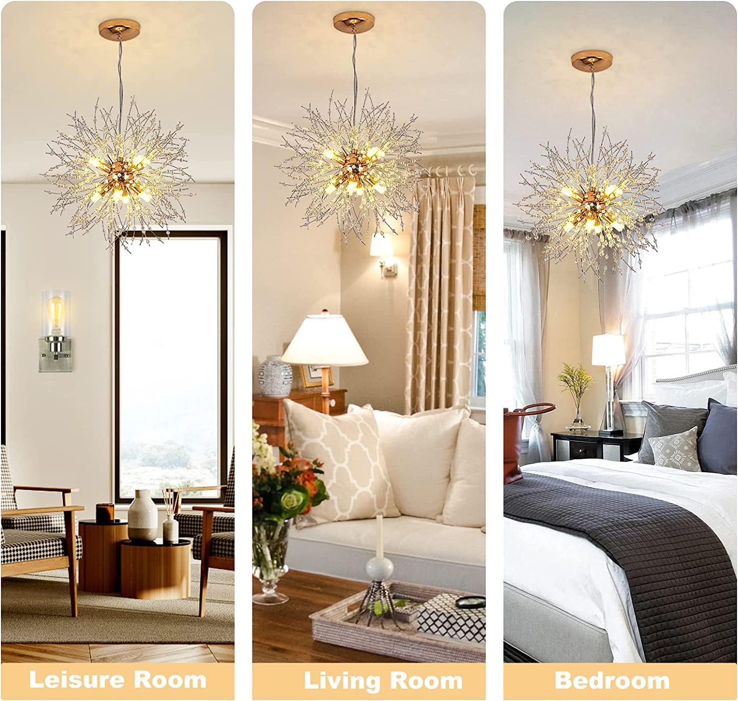 Modern Gold Crystal Dandelion Chandeliers with 8 Bulbs and 32 Crystal Ropes Chandeliers for Living Room Bedroom Dining Room Foyer Bar (Warm Light,Gold) - Image 6