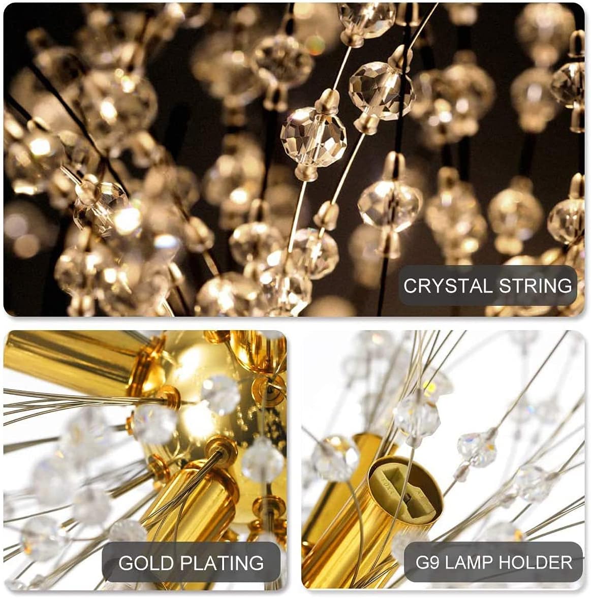 Modern Gold Crystal Dandelion Chandeliers with 8 Bulbs and 32 Crystal Ropes Chandeliers for Living Room Bedroom Dining Room Foyer Bar (Warm Light,Gold) - Image 7