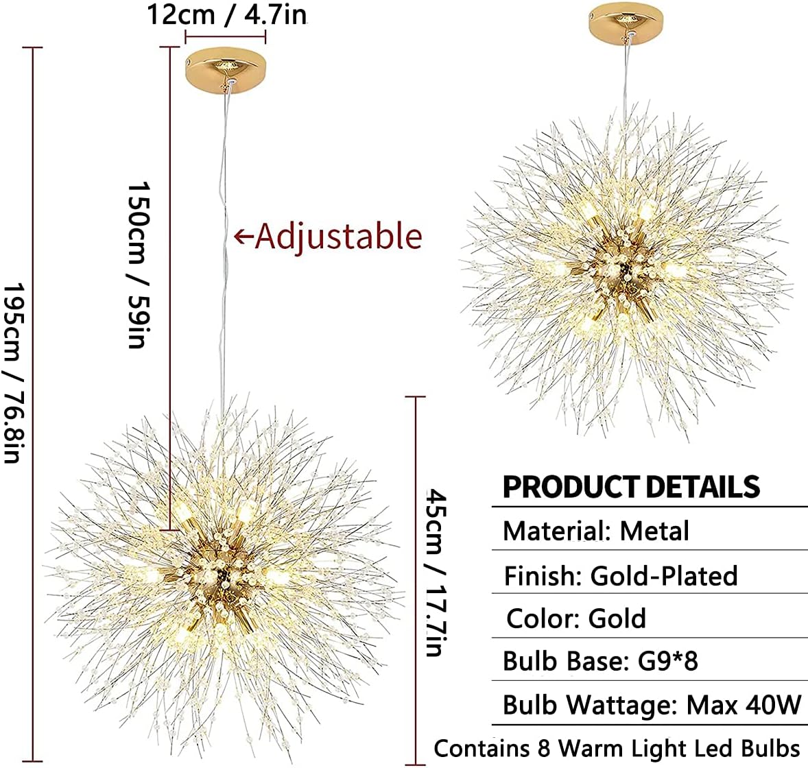 Modern Gold Crystal Dandelion Chandeliers with 8 Bulbs and 32 Crystal Ropes Chandeliers for Living Room Bedroom Dining Room Foyer Bar (Warm Light,Gold) - Image 8