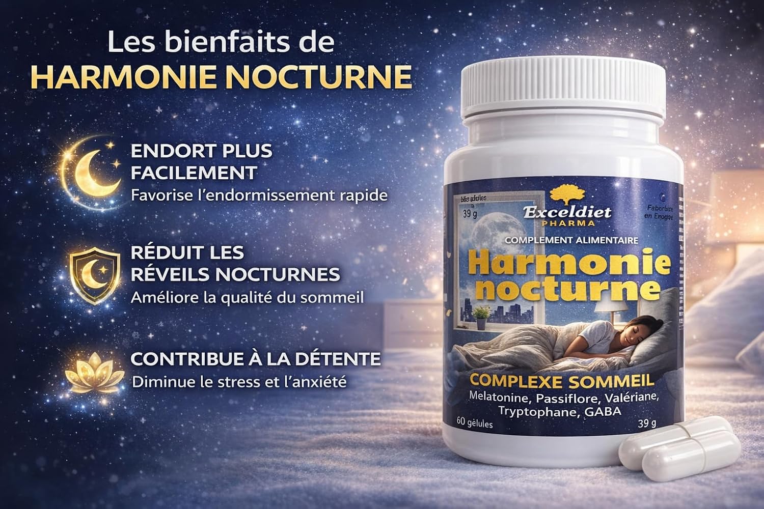 Sleep & Relaxation - Night Harmony - Melatonin & Valerian - 60 Capsules Without Addiction - Cure 30 to 60 Days - GABA, Tryptophan & Passion Flower - Image 4