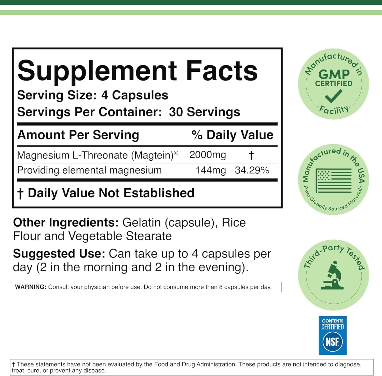 Double Wood Supplements Magnesium Capsules L Threonate (High Absorption Supplement with the Most Bioavailable Form) 120 Capsules (2000 mg) - Image 6