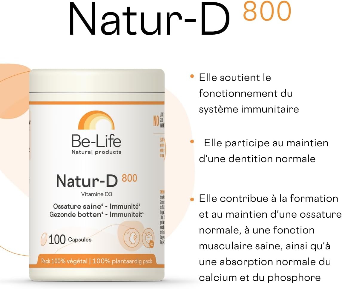 BE-LIFE | Natur-D 800 | Vitamine D3 Naturelle | Immunité & Santé Osseuse | Absorption Calcium | Complément Alimentaire Dès 12 Ans | 100 comprimés - Image 3