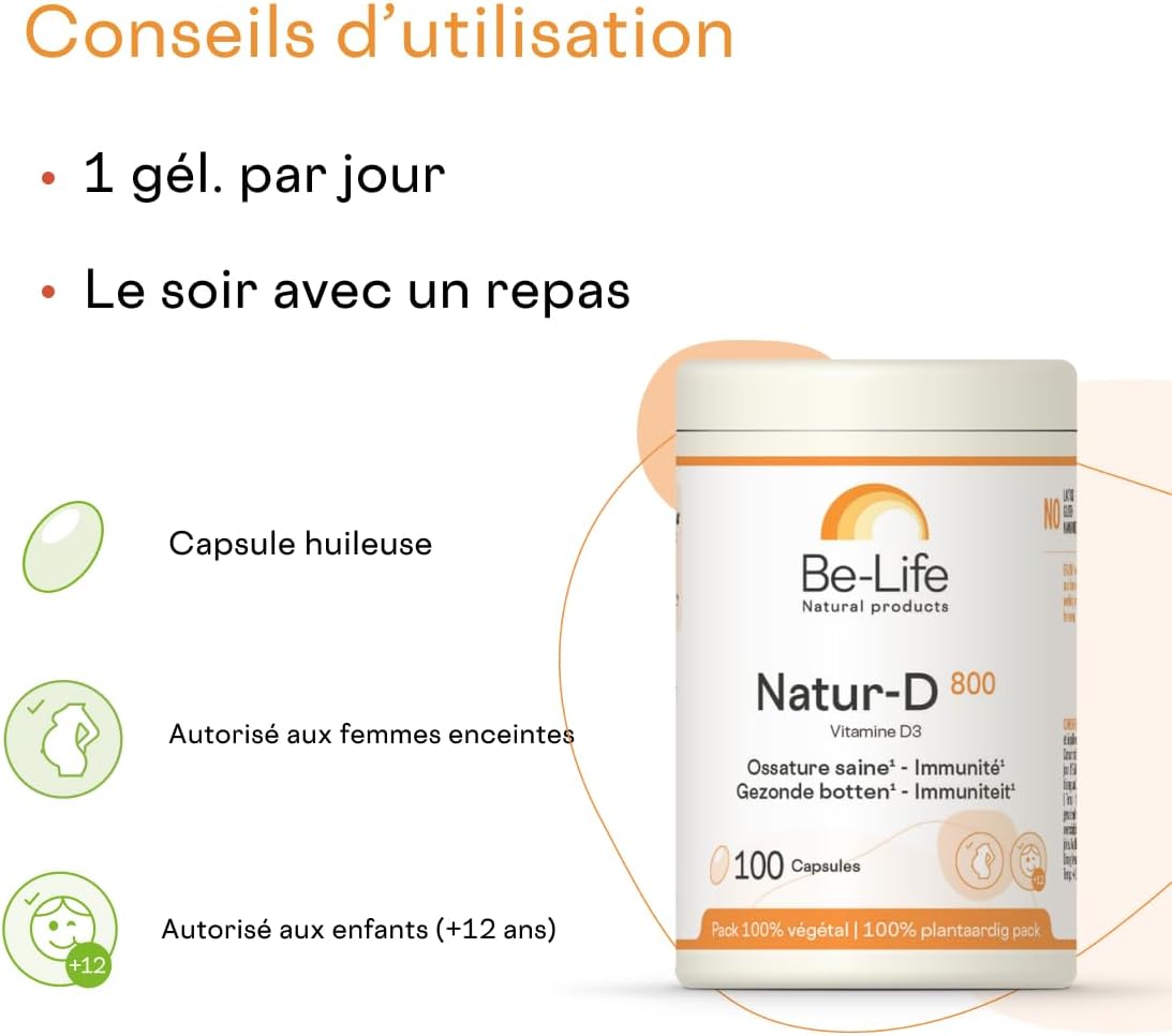 BE-LIFE | Natur-D 800 | Vitamine D3 Naturelle | Immunité & Santé Osseuse | Absorption Calcium | Complément Alimentaire Dès 12 Ans | 100 comprimés - Image 5