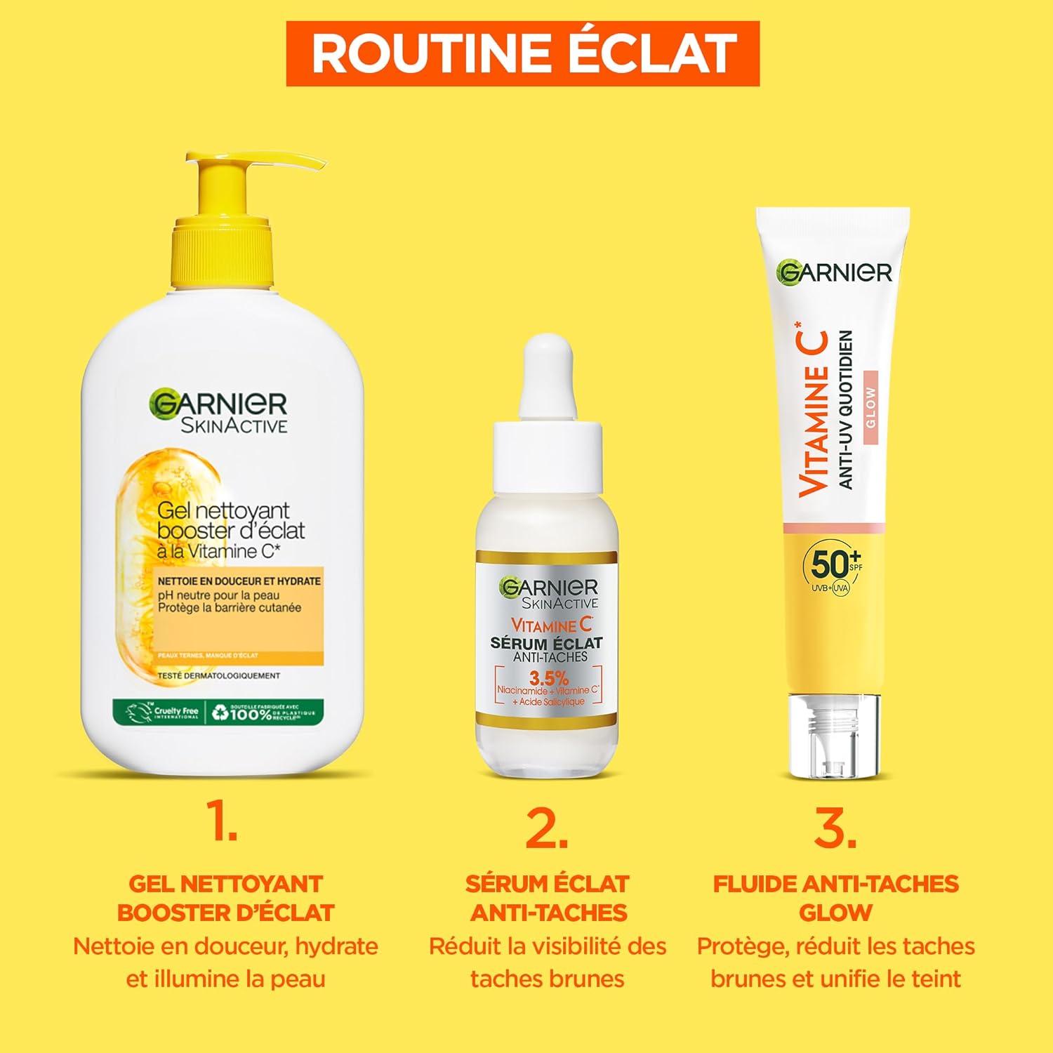 Garnier SkinActive Vitamin C Radiance Routine Set - Radiance Booster Cleansing Gel + Anti-Dark Spot Serum + Glow Daily Anti-UV Fluid SPF50+ - Enriched with Vitamin C - All Skin Types - Image 3