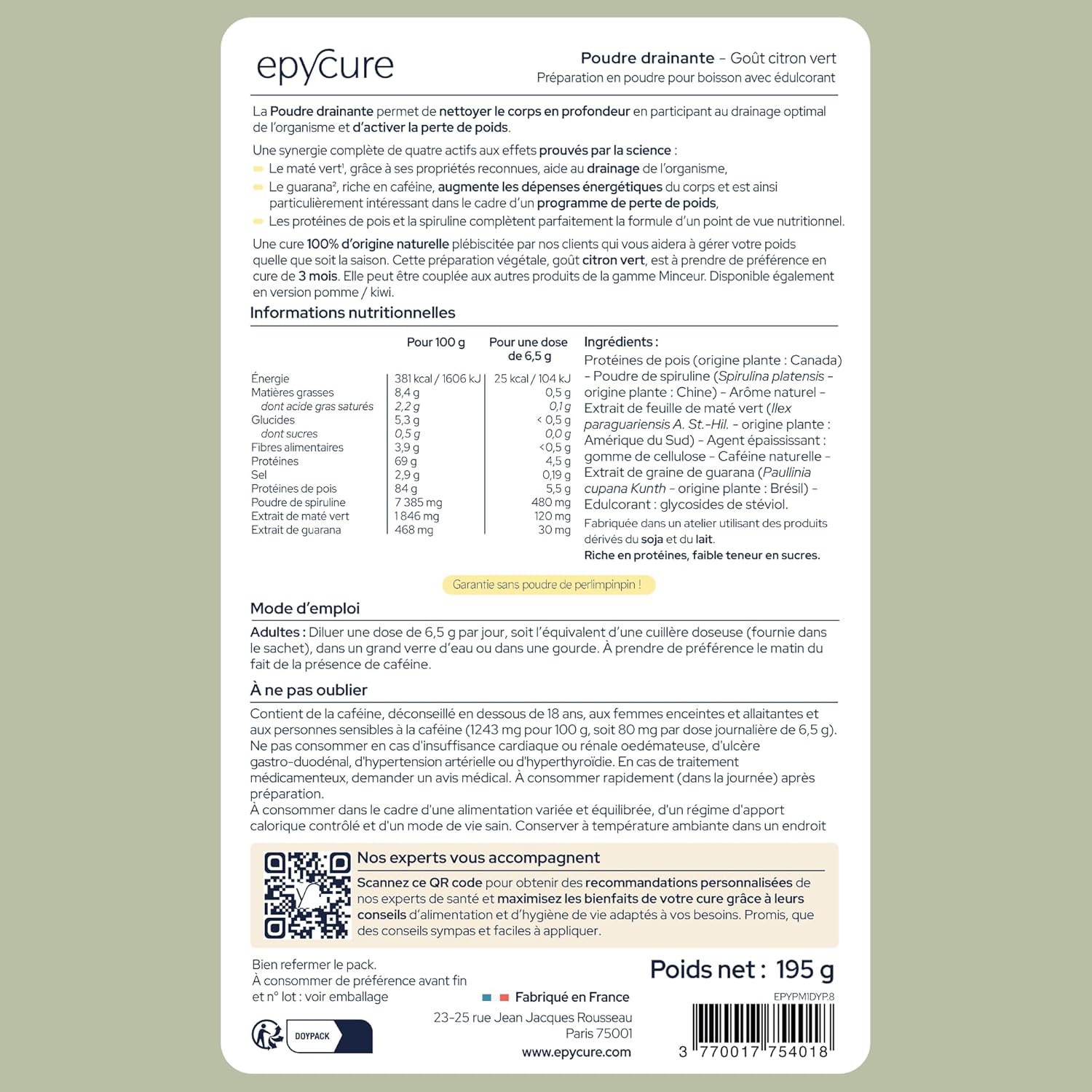 EPYCURE - Draining Powder - Detox, Weight Control, Natural Appetite Suppressant - 100% Natural - Guarana, Green Mate, Spirulina - 1 Month - Lactose Free, Gluten Free - Made in France - Image 6
