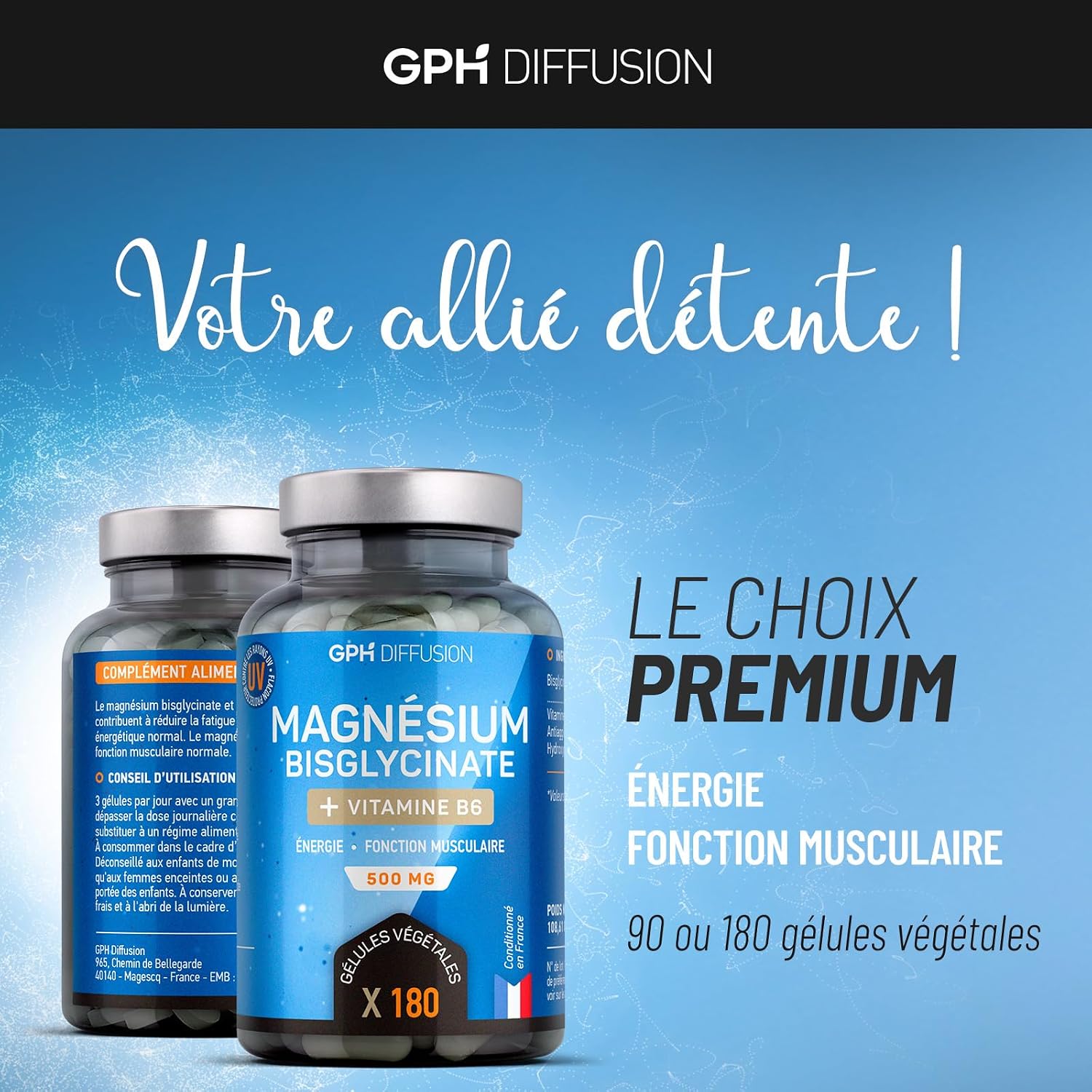 Magnesium Bisglycinate + Vitamin B6-500 mg - Fatigue - Stress - Sleep - 180 Vegetable Capsules - Maximum Absorption - Made in France - Image 4