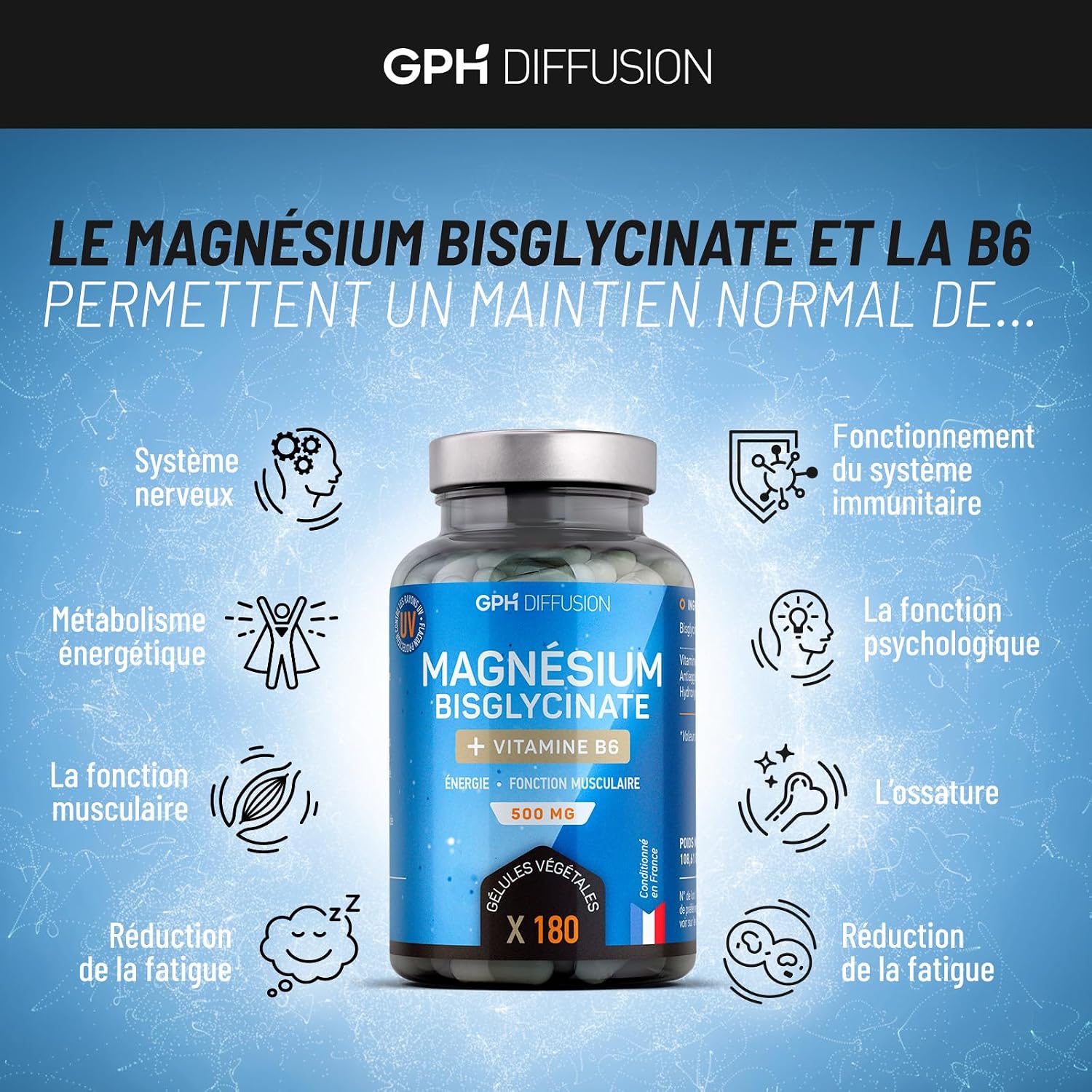 Magnesium Bisglycinate + Vitamin B6-500 mg - Fatigue - Stress - Sleep - 180 Vegetable Capsules - Maximum Absorption - Made in France - Image 5