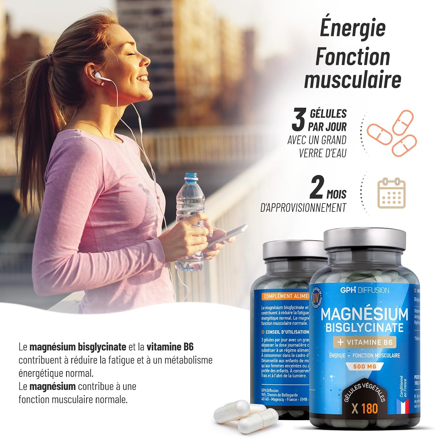 Magnesium Bisglycinate + Vitamin B6-500 mg - Fatigue - Stress - Sleep - 180 Vegetable Capsules - Maximum Absorption - Made in France - Image 6
