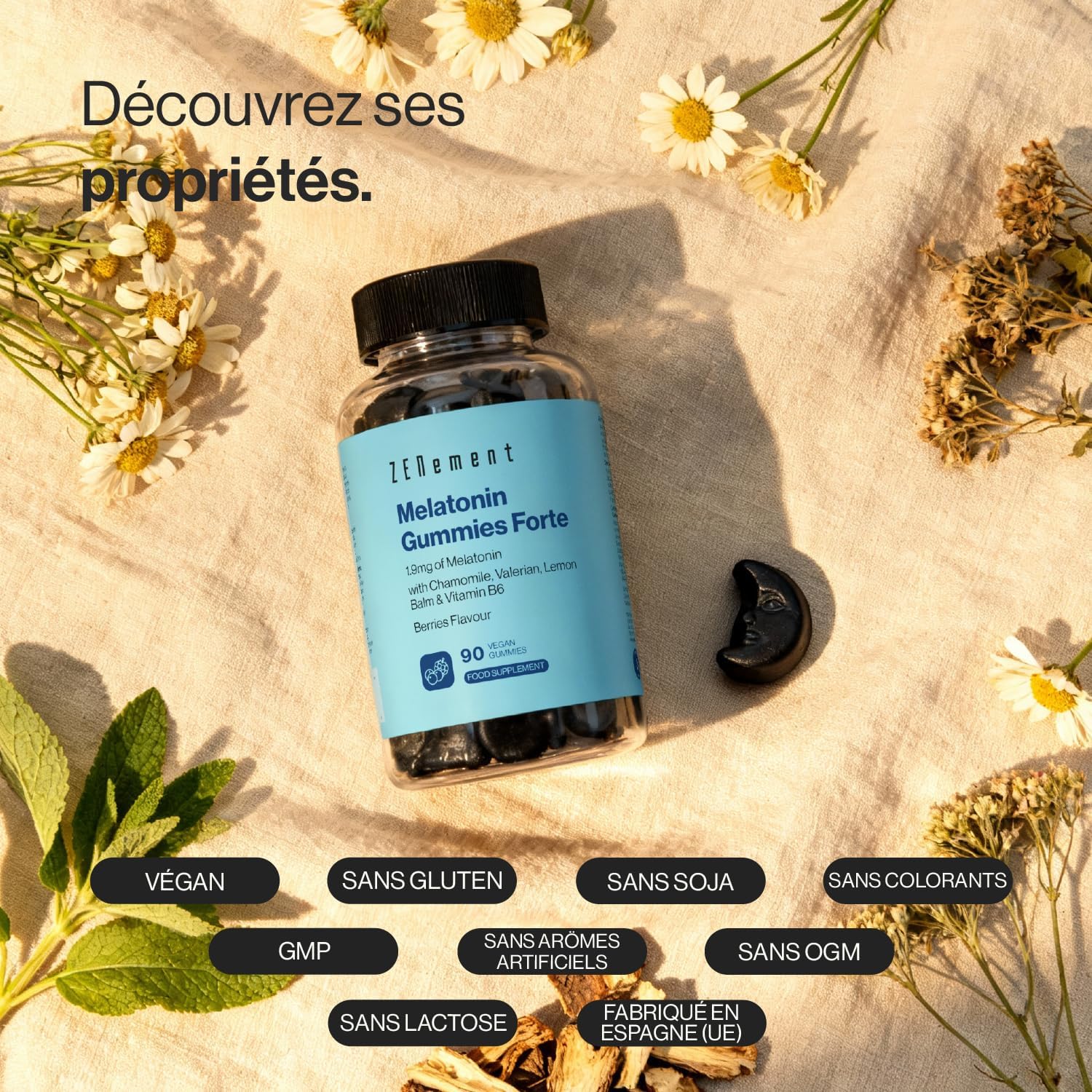 Melatonin Gums 1.9 mg - Chamomile, Valerian & Melissa - 90 Gums | with Vitamin B6 & Elderberry - No Gelatin, No Added Sugars, Vegan - Red Fruit Flavour - 1 per day - Zenement - Image 3