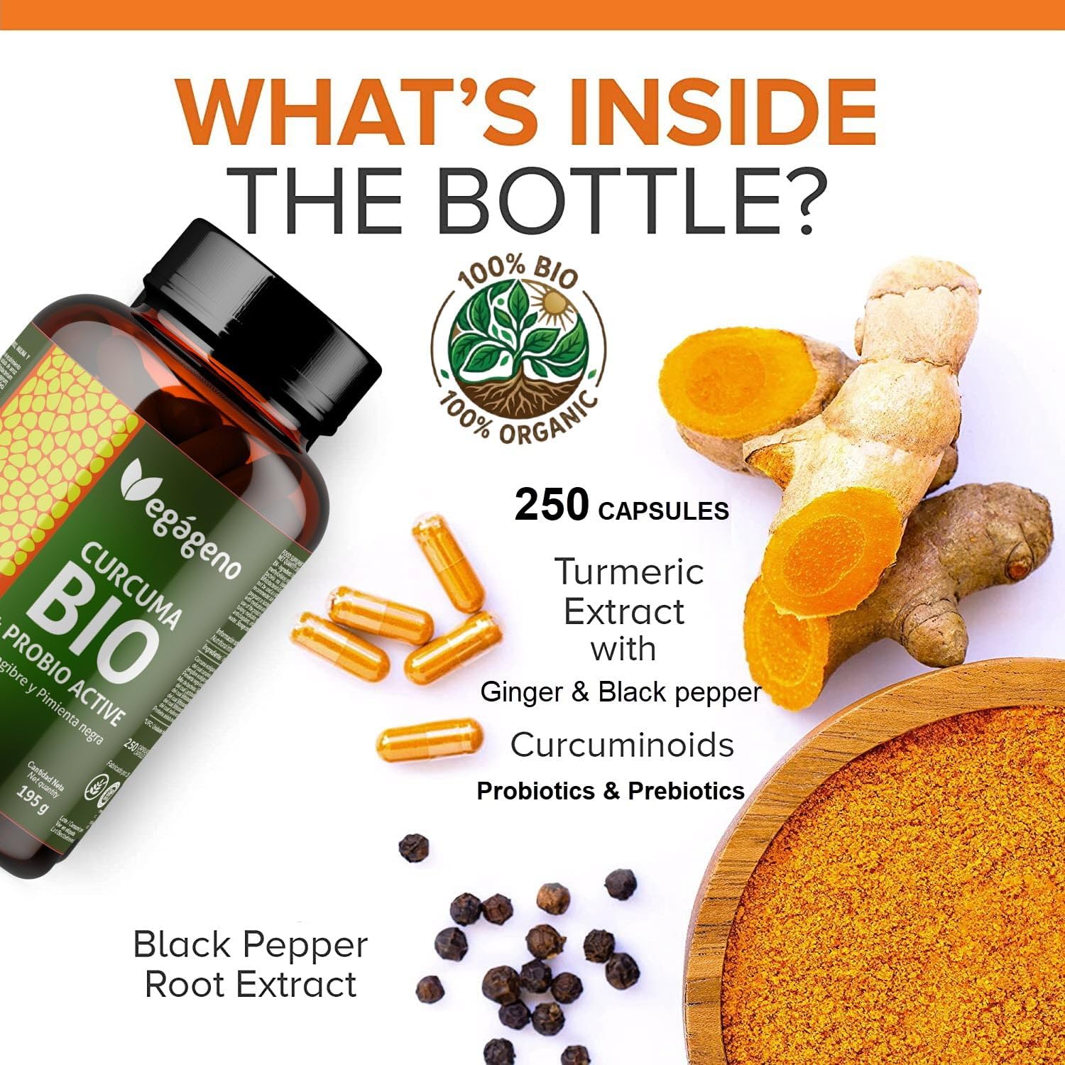 Organic Turmeric Capsules with Ginger and Black Pepper – 250 Capsules | Curcumin & Piperine | With Probiotics (200 Million CFU) and Prebiotics (Organic Inulin) – VEGAGENO - Image 3