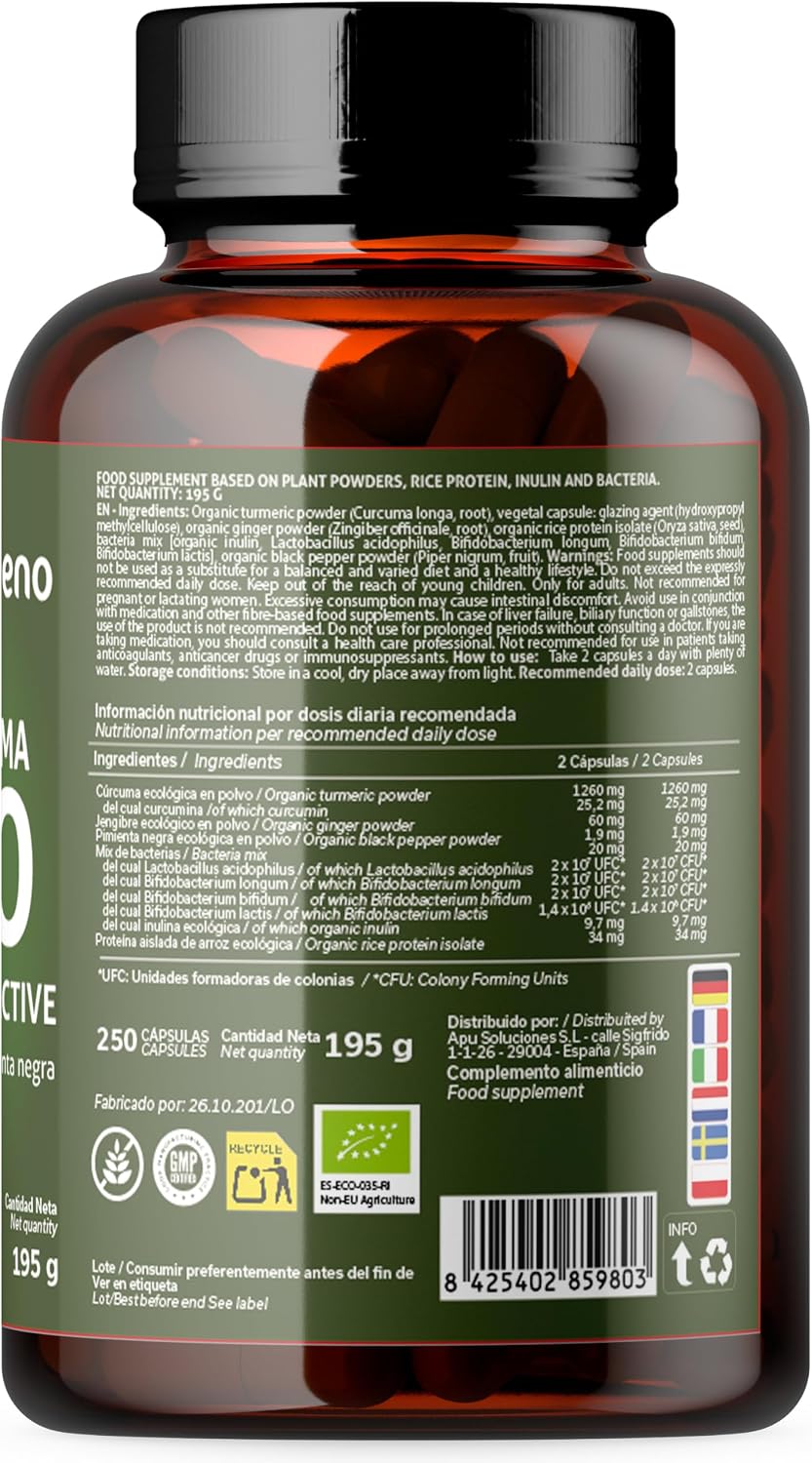 Organic Turmeric Capsules with Ginger and Black Pepper – 250 Capsules | Curcumin & Piperine | With Probiotics (200 Million CFU) and Prebiotics (Organic Inulin) – VEGAGENO - Image 4