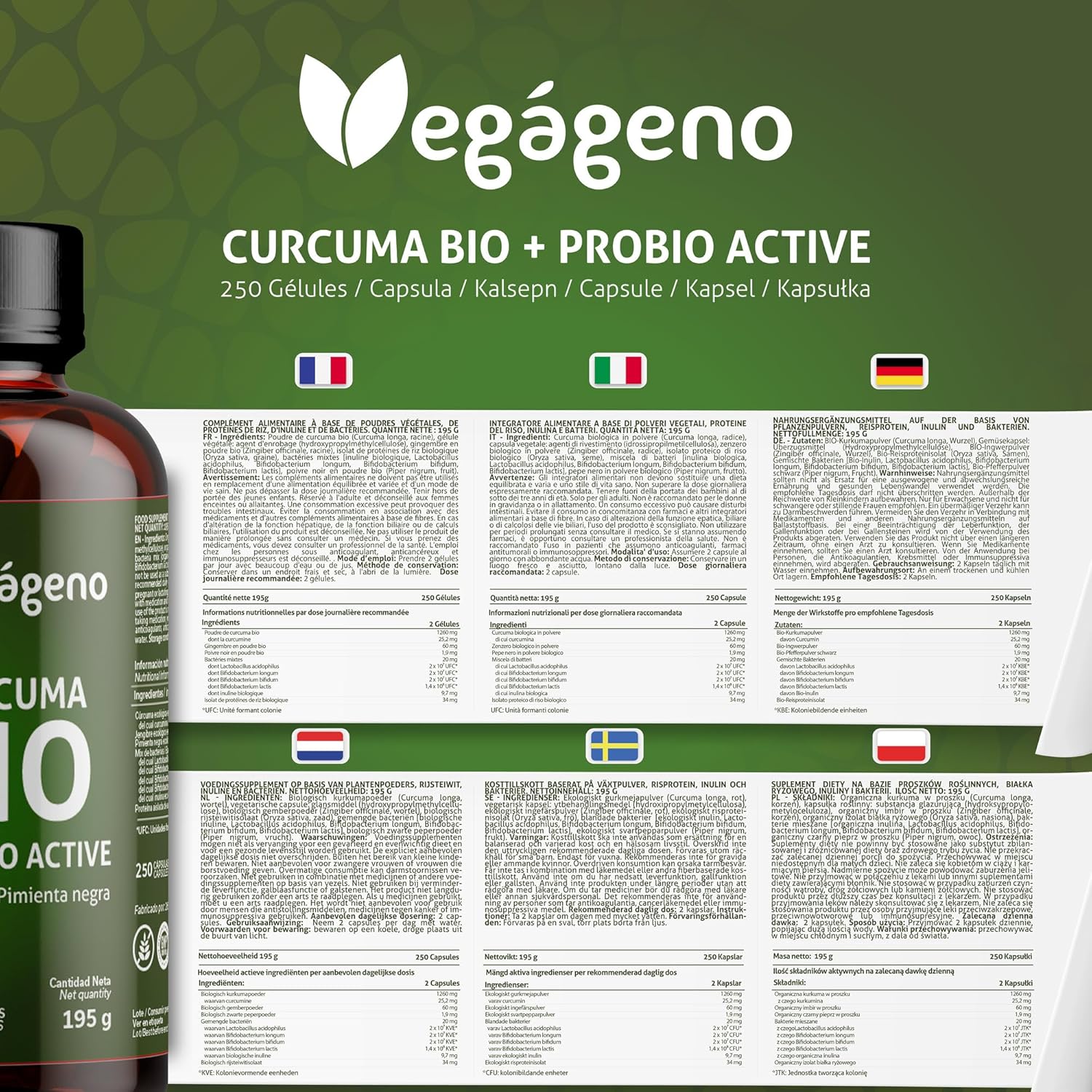 Organic Turmeric Capsules with Ginger and Black Pepper – 250 Capsules | Curcumin & Piperine | With Probiotics (200 Million CFU) and Prebiotics (Organic Inulin) – VEGAGENO - Image 6