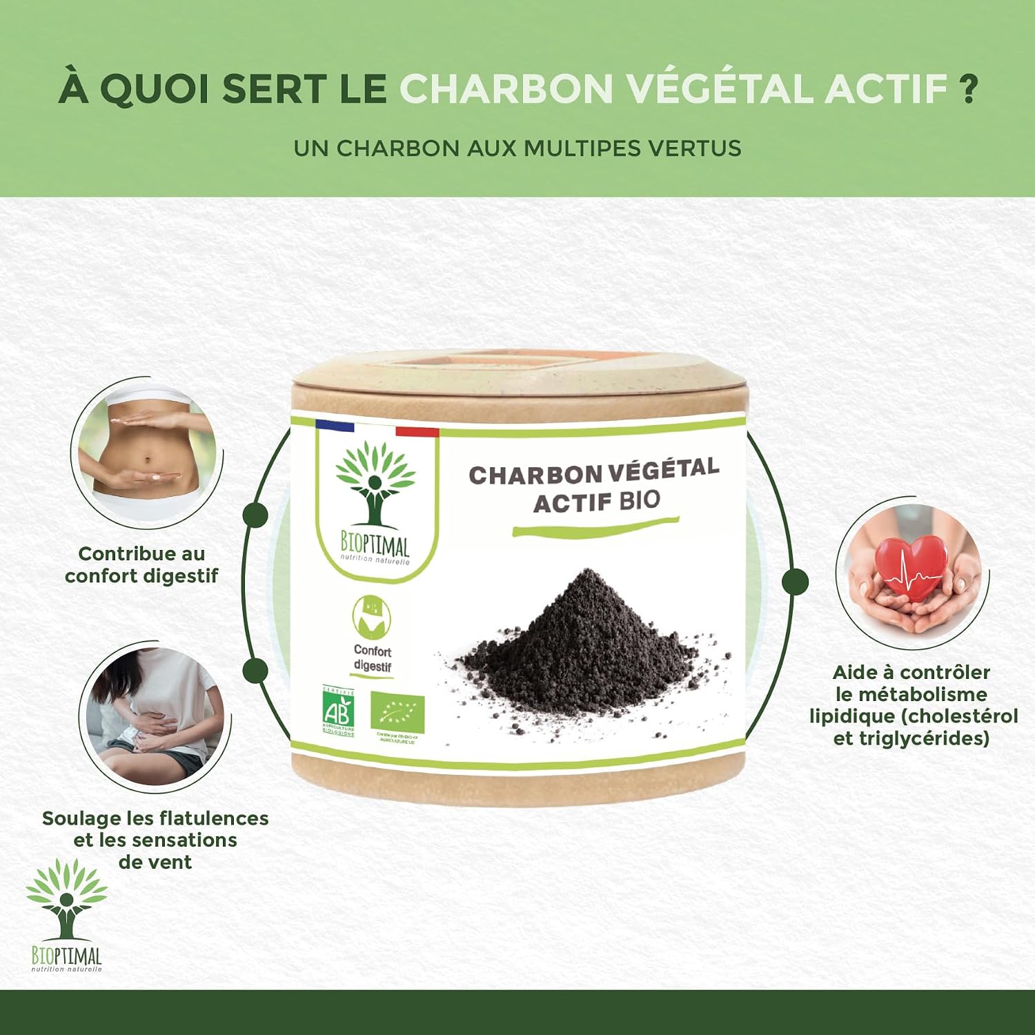 Bioptimal Active Carbon - Food Supplement - Flat Stomach Digestion Anti-Bloating Gas - 150 mg of Pure Active Powder per Capsule - Made in France - Ecocert Certified - 60 Capsules - Image 3