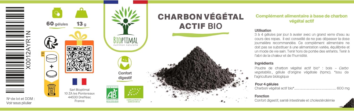 Bioptimal Active Carbon - Food Supplement - Flat Stomach Digestion Anti-Bloating Gas - 150 mg of Pure Active Powder per Capsule - Made in France - Ecocert Certified - 60 Capsules - Image 10