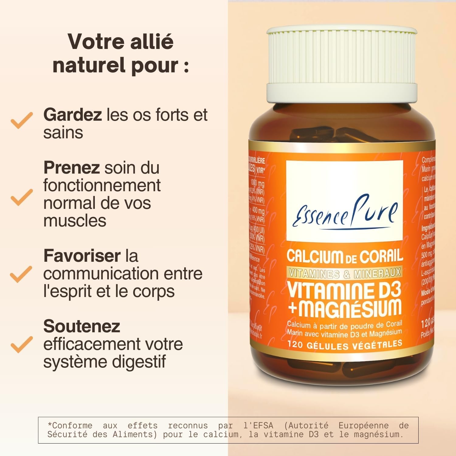 Calcium and Vitamin D Pure Essence, 120 Tablets | Calcium with vitamin D, complete formula, optimal absorption, support bones, teeth, muscles and normal functioning - Image 3