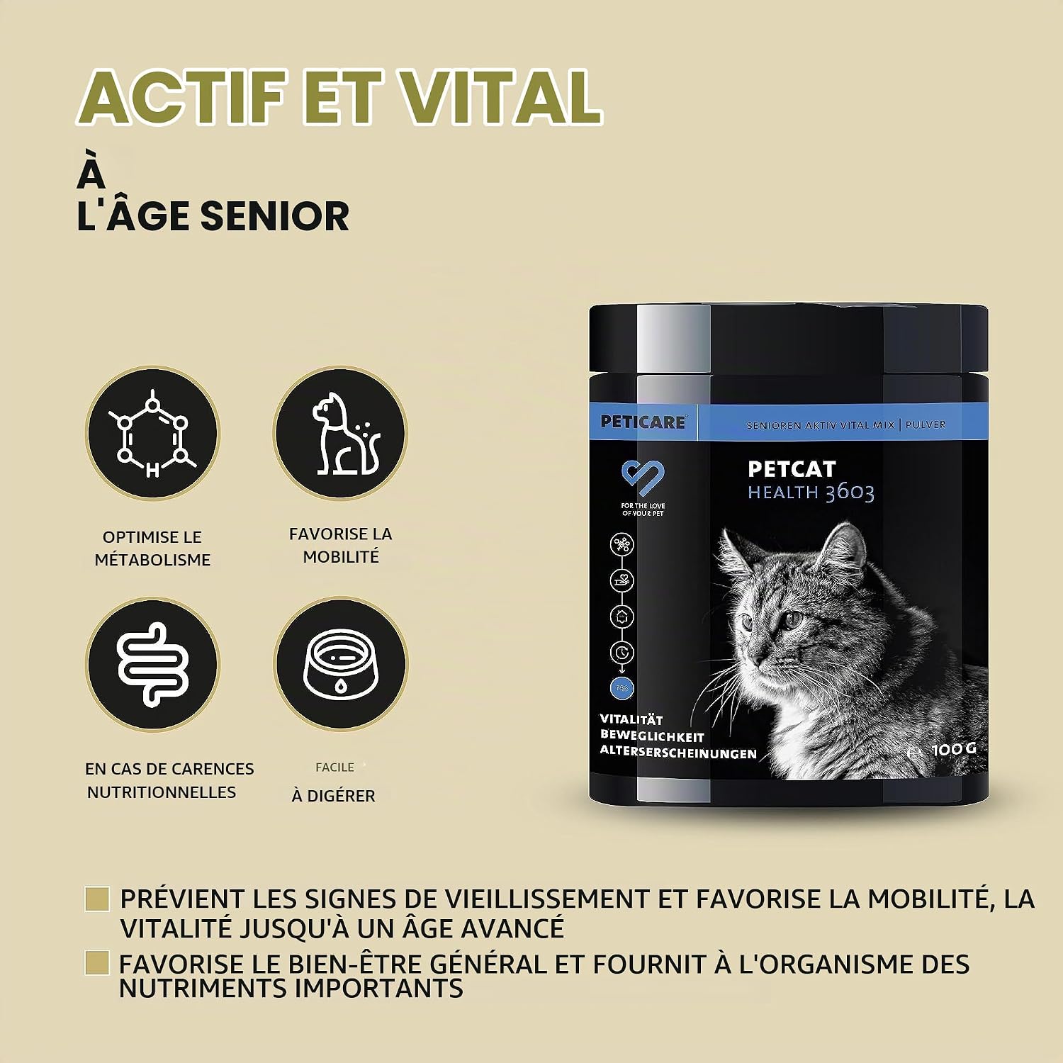 Peticare Senior Active Vital Mix Powder for Aged Cats | Natural Food Supplement with Green Mussel, MSM, Turmeric | Immune Boosts & Deficiencies | petCat Health 3603 (100 g) - Image 3