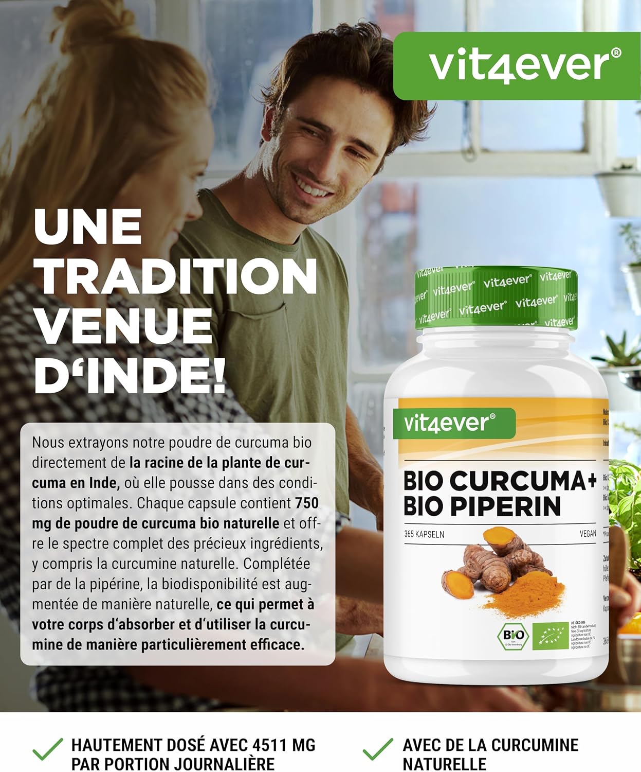 vit4ever Organic Turmeric with Black Pepper - 365 Capsules - High Dose - Image 3