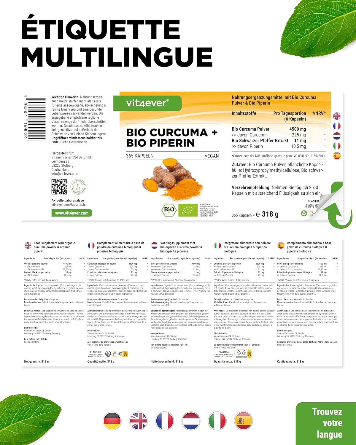 vit4ever Organic Turmeric with Black Pepper - 365 Capsules - High Dose - Image 7
